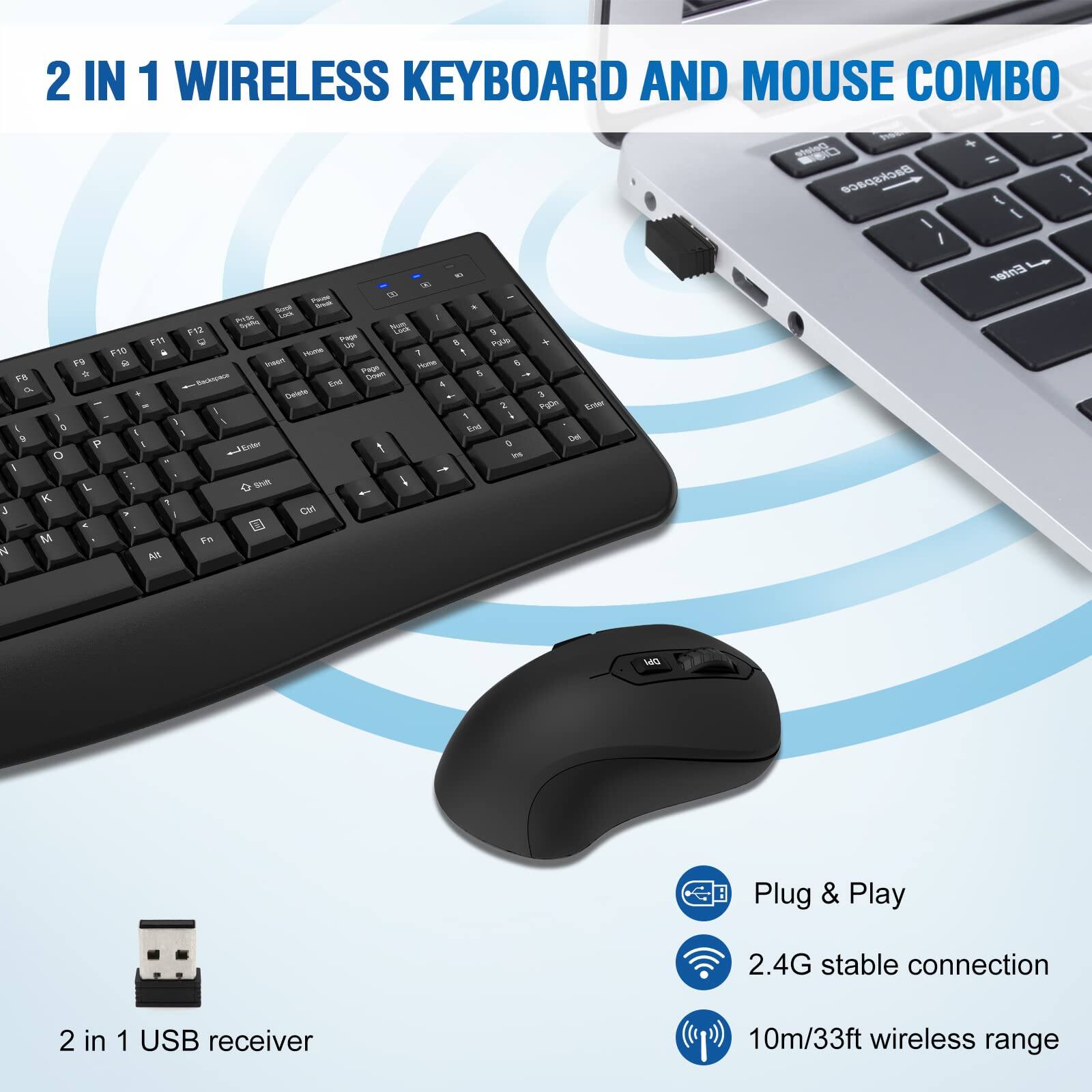 2 IN 1 WIRELESS KEYBOARD AND MOUSE COMBO

- 2 in 1 USB receiver
- Plug & Play
- 2.4G stable connection
- 10m/33ft wireless range