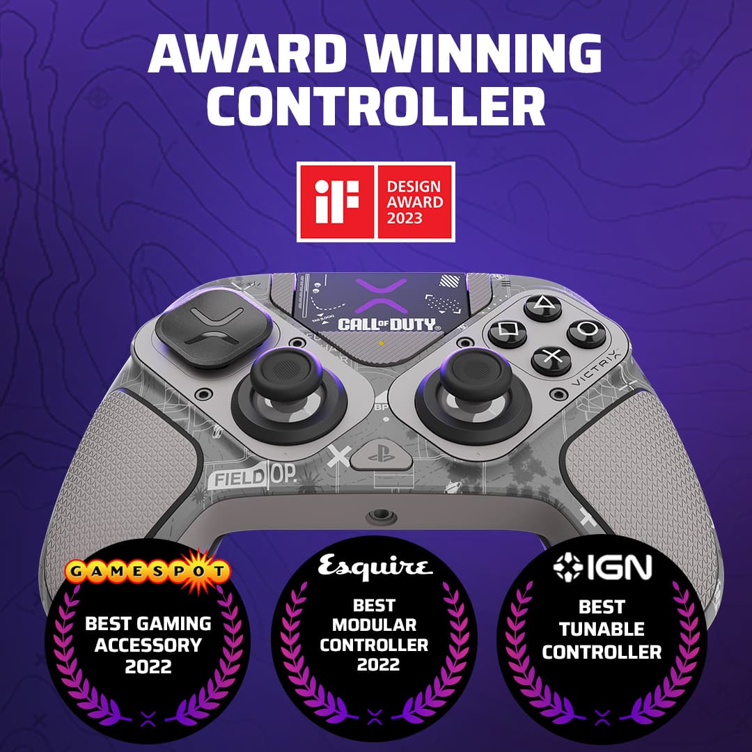 Award Winning Controller Design 2023 - Call of Duty Black Ops Cold War Victrix Field Op. X Gamespot Best Gaming Accessory 2022 - Esquire Best Modular Controller 2022 - IGN Best Tunable Controller.