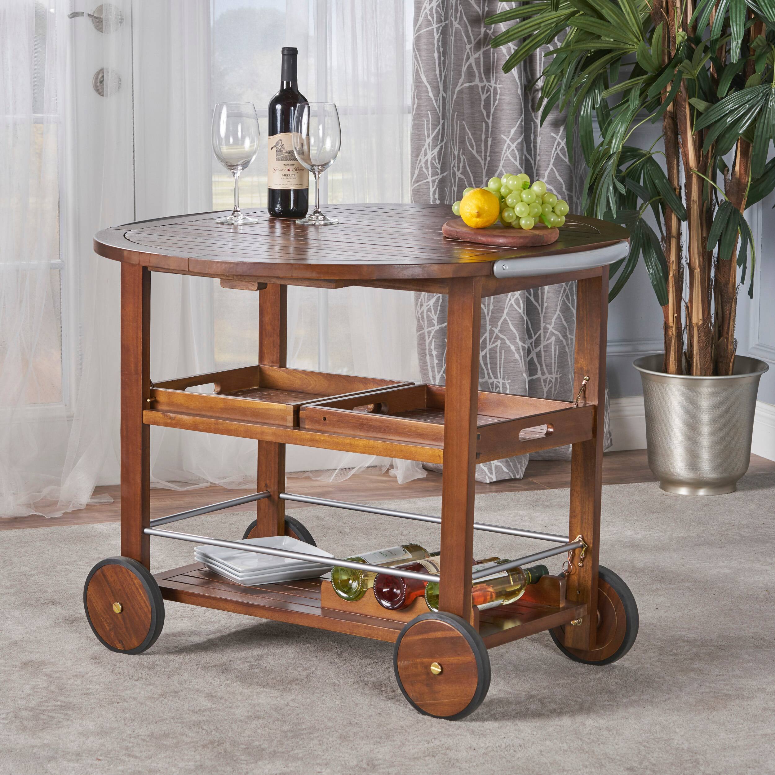Alt View 6. Spaco - Spaco Modern Bar Cart, Adjustable Drop Leaf, Removable Trays, Wine Storage, Weather Resistant, Wheels,for Outdoor Indoor - Oak+Silver.
