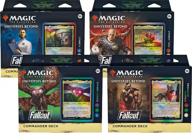 **MAGIC THE GATHERING**
**UNIVERSES BEYOND**
**Fallout**
**COLLECTOR BOOSTER SAMPLE PACK**
**INCLUDES: 2 LEGENDARY TRADITIONAL CARDS**
**13+**
---
**Dr. Madison Li**
**Legendary Creature — Human Scientist**
*Whenever you cast an artifact spell, you get +1/+1 and draw a card.*
**COLLECTOR BOOSTER SAMPLE PACK**
**INCLUDES: 2 LEGENDARY TRADITIONAL CARDS**
---
**Caesar, Legion's Emperor**
**Legendary Creature — Human Soldier**
*Whenever you cast a spell, you may sacrifice another creature. If you do, create a 1/1 red and white Soldier creature token.*
**COLLECTOR BOOSTER SAMPLE PACK**
**INCLUDES: 2 LEGENDARY TRADITIONAL CARDS**
---
**The Wise Mothman**
**Legendary Creature — Insect Mutant**
*Flying*
*Whenever The Wise Mothman enters the battlefield or attacks, each player gets a card and may put a +1/+1 counter on each creature they control this way.*
**MUTANT MENACE**
---
**Dogmeat, Ever Loyal**
**Legendary Creature — Dog**
*Whenever