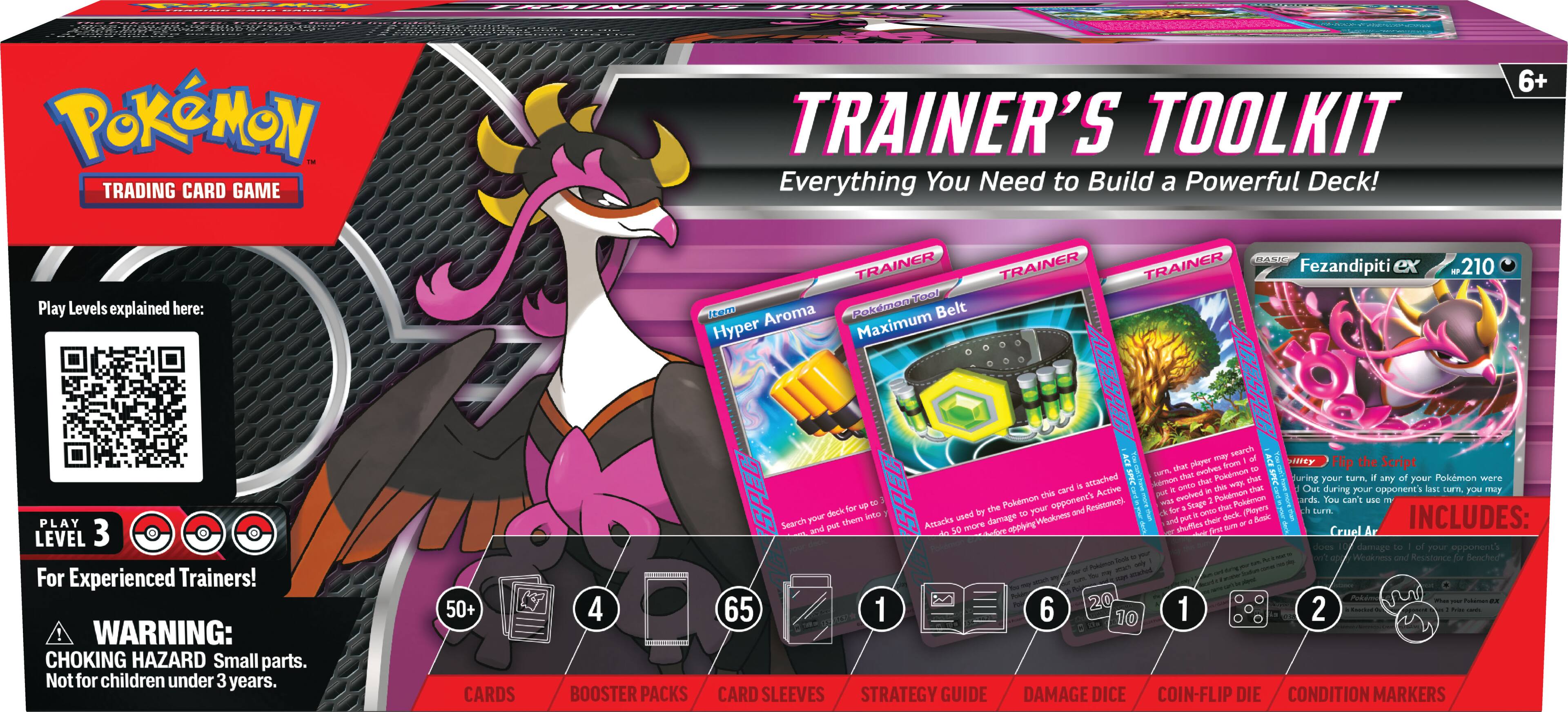 Pokémon TRADING CARD GAME TRAINER'S TOOLKIT Everything You Need to Build a Powerful Deck! 6+ Play Levels explained here: TRAINER TRAINER Tool Item Aroma Rokdman Belt Hyper Maximum MASA TRAINER Fezandipiti ex - 210 PLAY LEVEL 3 For Experienced Trainers! WARNING: CHOKING HAZARD Small parts. Not for children under 3 years. 50+ CARDS 4 BOOSTER PACKS STRATEGY GUIDE DAMAGE DICE COIN-FLIP DIE CONDITION MARKERS INCLUDES: 1 SHIELDS 2 BOOSTER PACKS 3 CARDS 4 STRATEGY GUIDE 5 DAMAGE DICE 6 CONDITION MARKERS