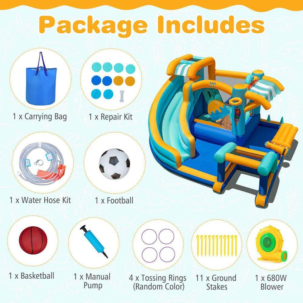 Package Includes

1 X Carrying Bag  
1 X Repair Kit  
1 X Water Hose Kit  
1 X Football  
1 X Basketball  
1 X Manual Pump  
4 X Tossing Rings (Random Color)  
11 X Ground Stakes  
1 X 680W Blower