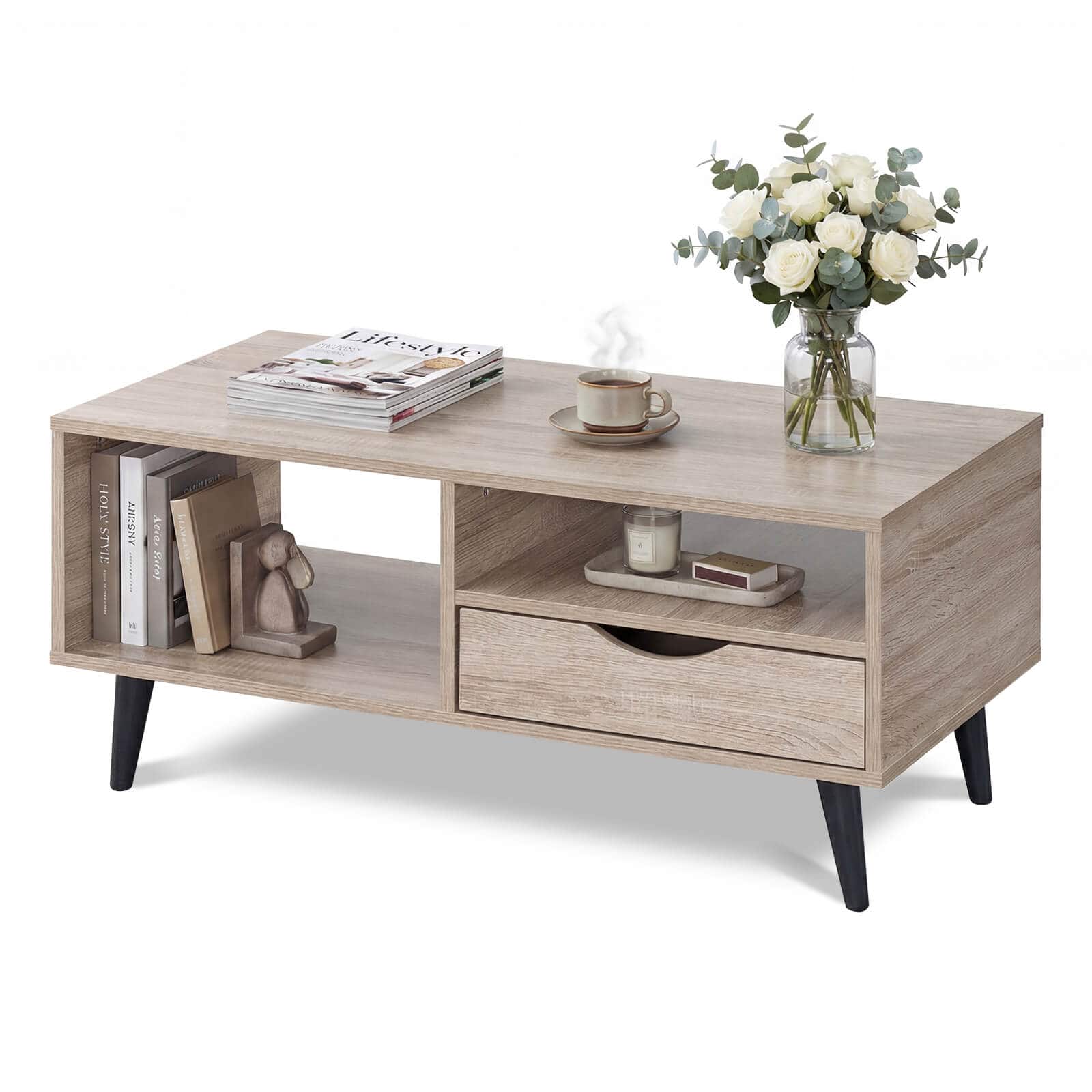 Costway - Coffee Table with Storage, Rustic Rectangle Center Table with Drawer & Open Shelves - Natural