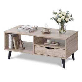 Costway - Coffee Table with Storage, Rustic Rectangle Center Table with Drawer & Open Shelves - Natural