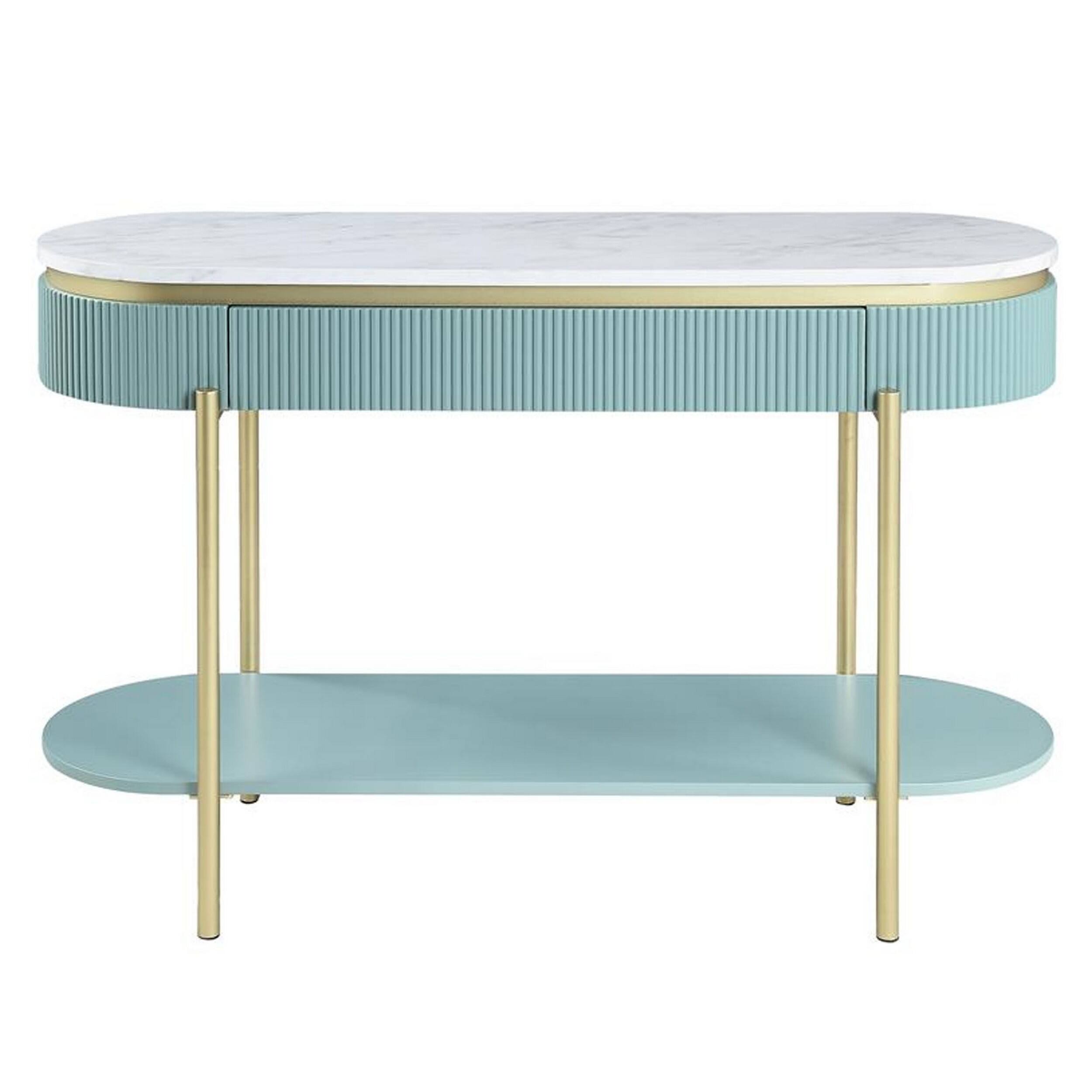 Alt View 1. Manhattan Lane - Ville 48 Inch Sofa Console Table, White Faux Marble Top, Teal Reeded Edge - White, Teal, Gold.