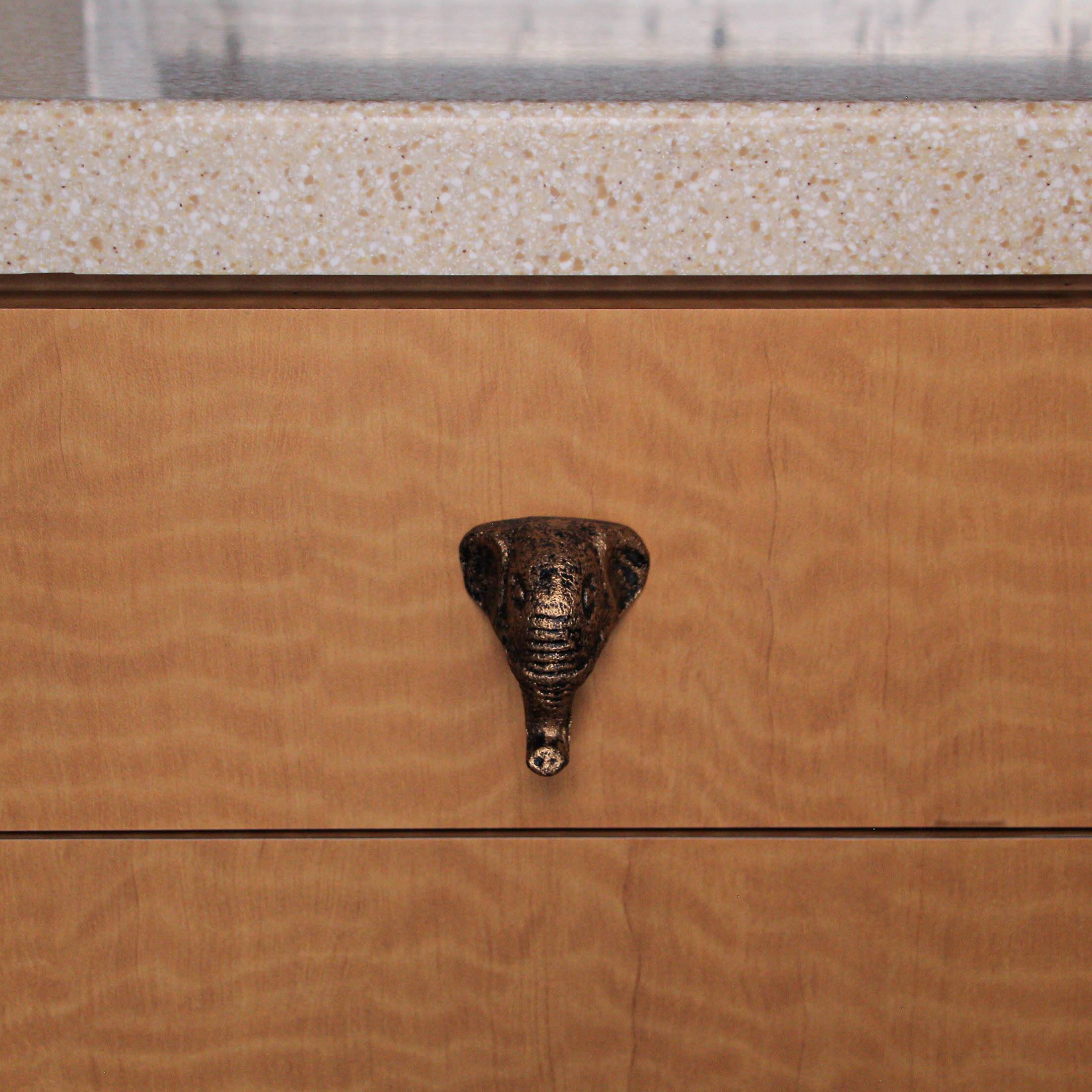 Alt View 4. Zeckos - Antique Gold Finish Cast Iron Elephant Head Cabinet Knob Drawer Pulls Set of 6 - Gold.