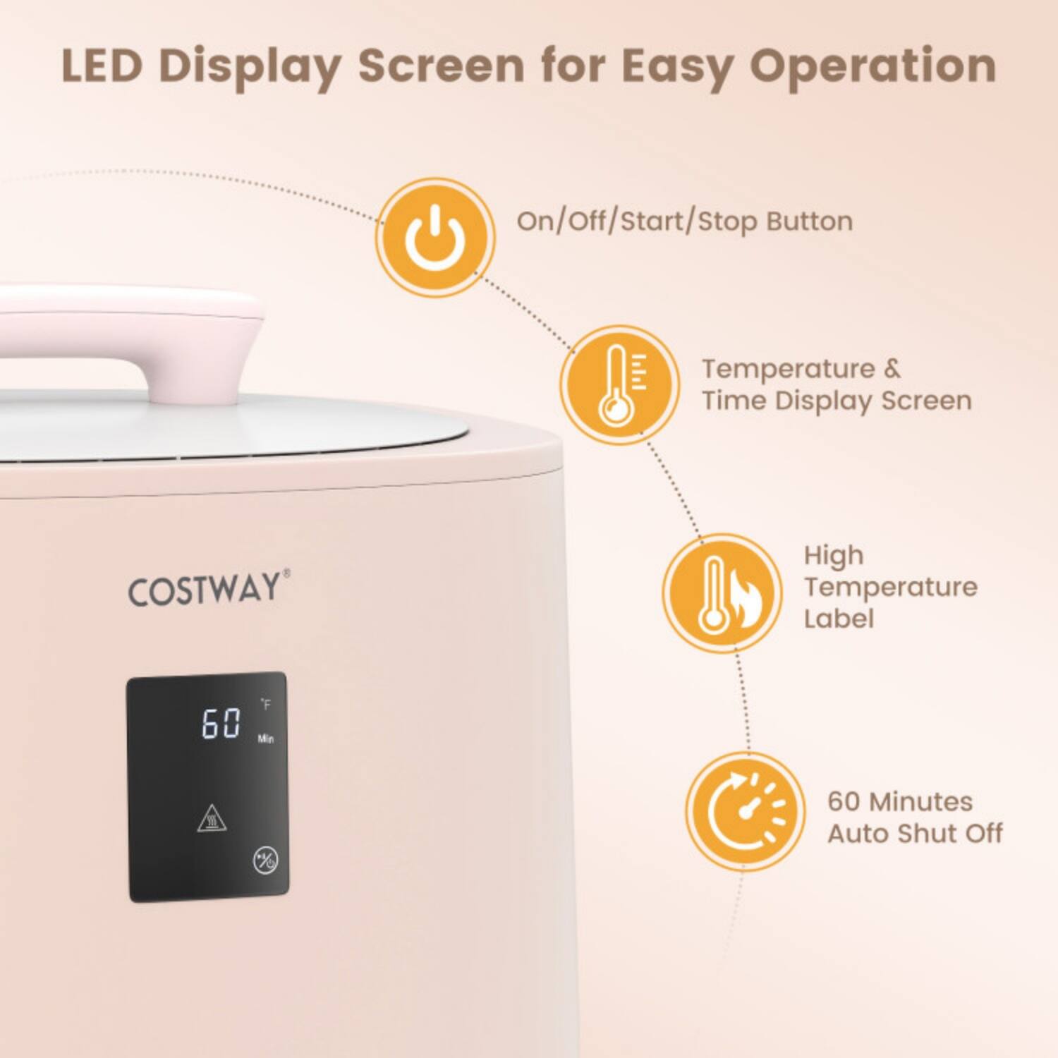 LED Display Screen for Easy Operation  
- On/Off/Start/Stop Button  
- Temperature & Time Display Screen  
- High Temperature Label  
- 60 Minutes Auto Shut Off  

COSTWAY