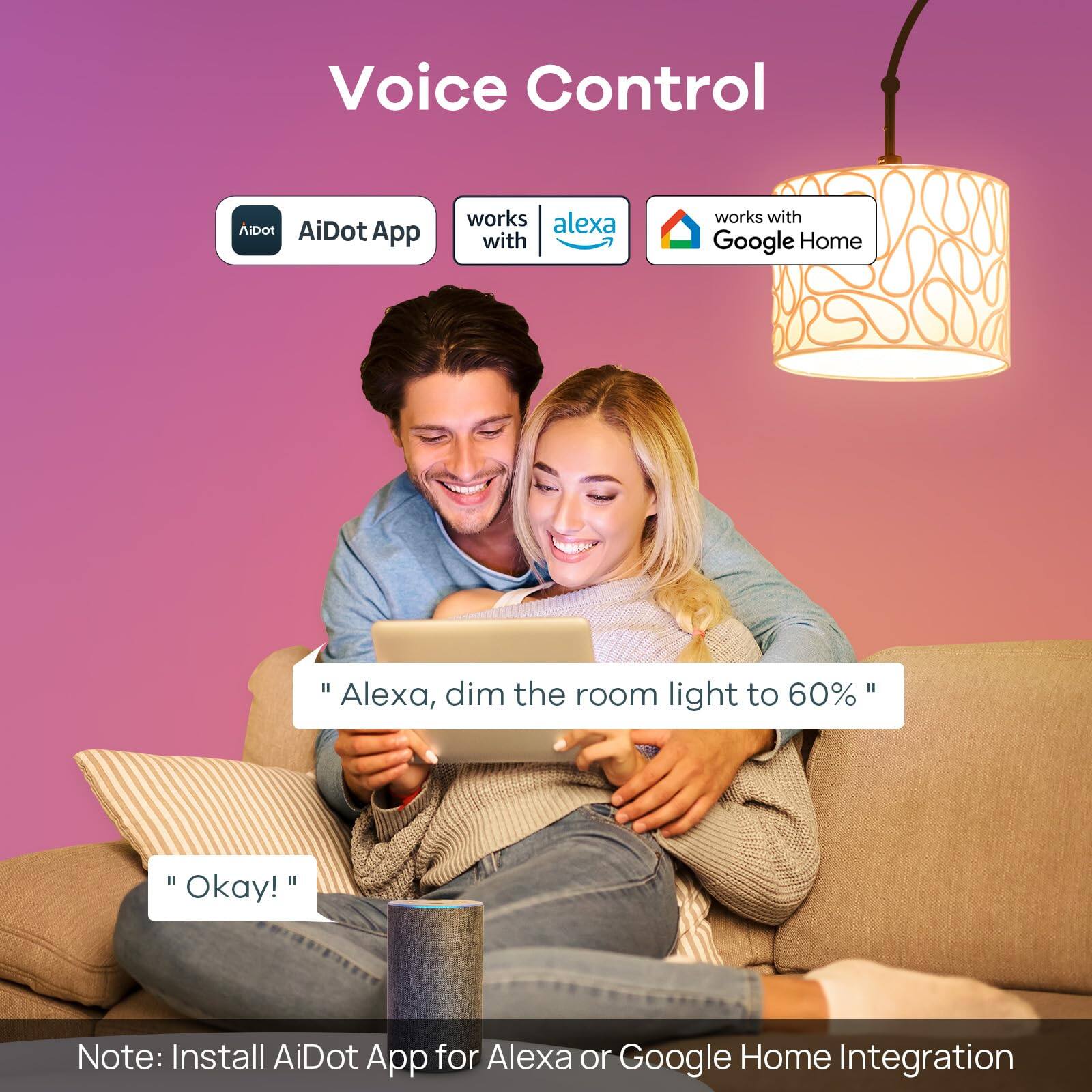 Voice Control

AiDot App works with Alexa and Google Home

"Alexa, dim the room light to 60%"

"Okay!"

Note: Install AiDot App for Alexa or Google Home Integration