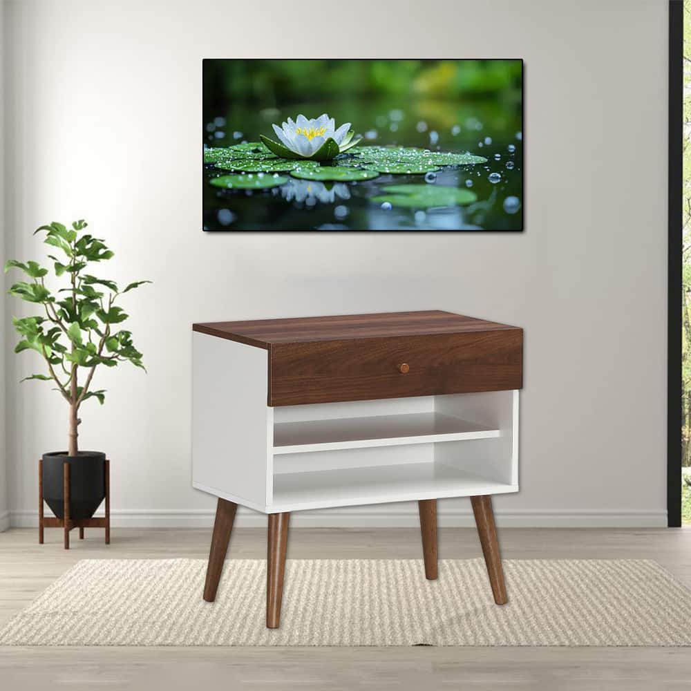 Hivvago - Retro Wooden Nightstand Featuring Storage Drawer and Tapered Legs - Walnut, white