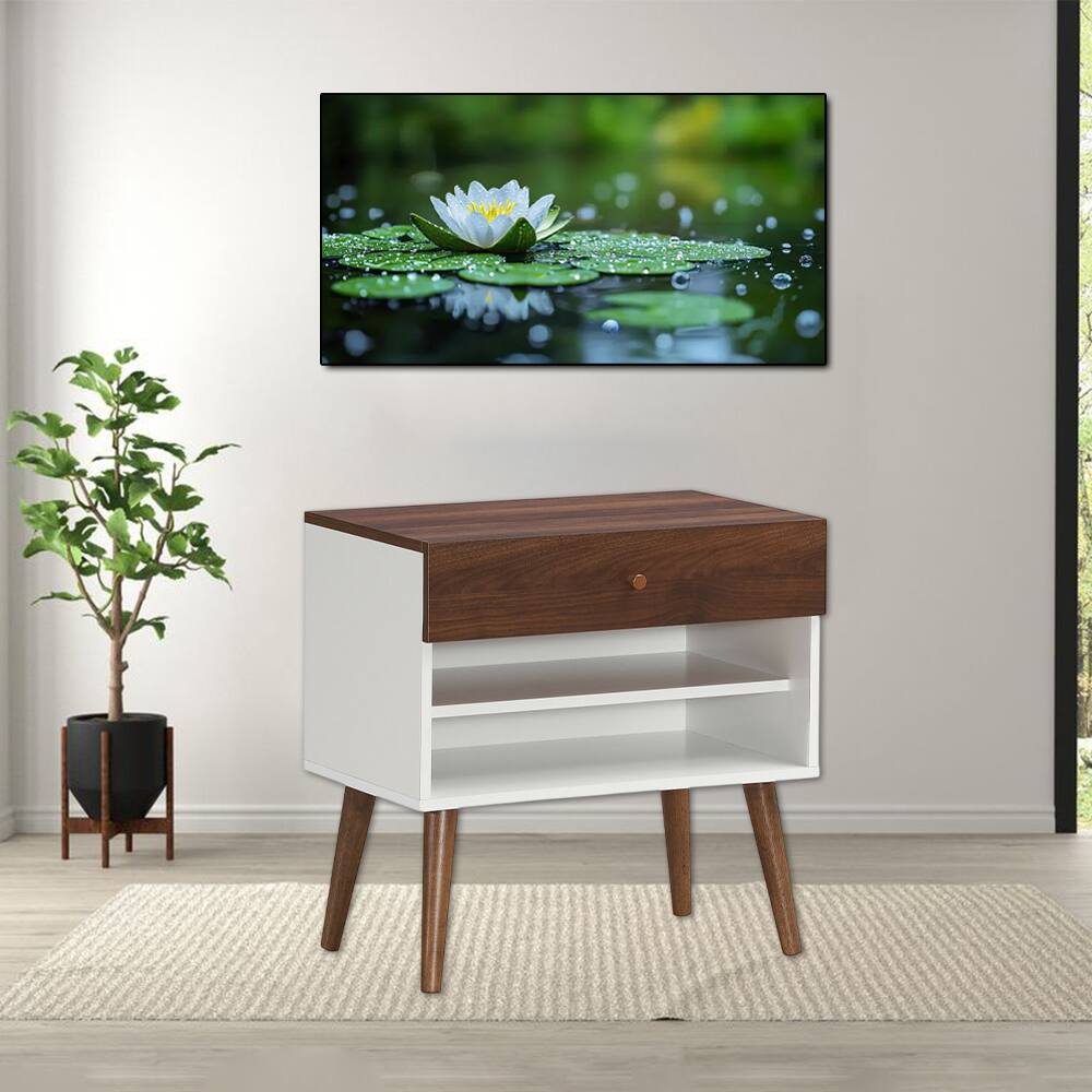 Front. Hivvago - Retro Wooden Nightstand Featuring Storage Drawer and Tapered Legs - Walnut, white.