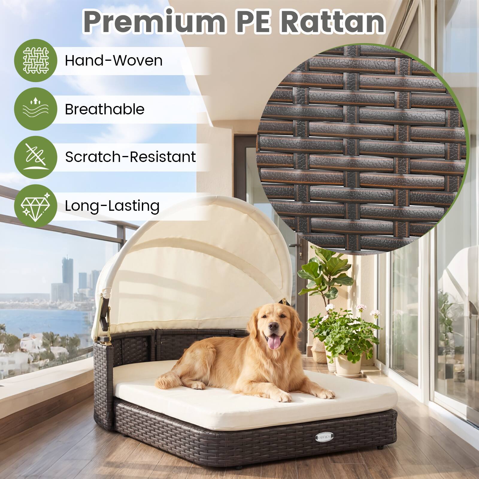Premium PE Rattan  
Hand-Woven  
Breathable  
Scratch-Resistant  
Long-Lasting