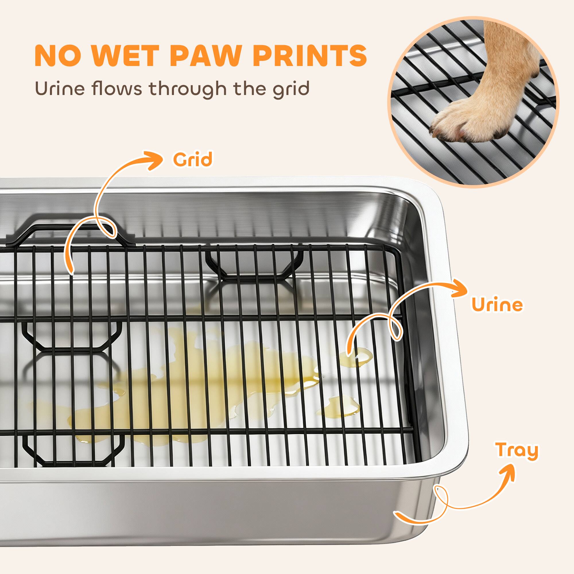 NO WET PAW PRINTS  
Urine flows through the grid  
Grid  
Urine  
Tray