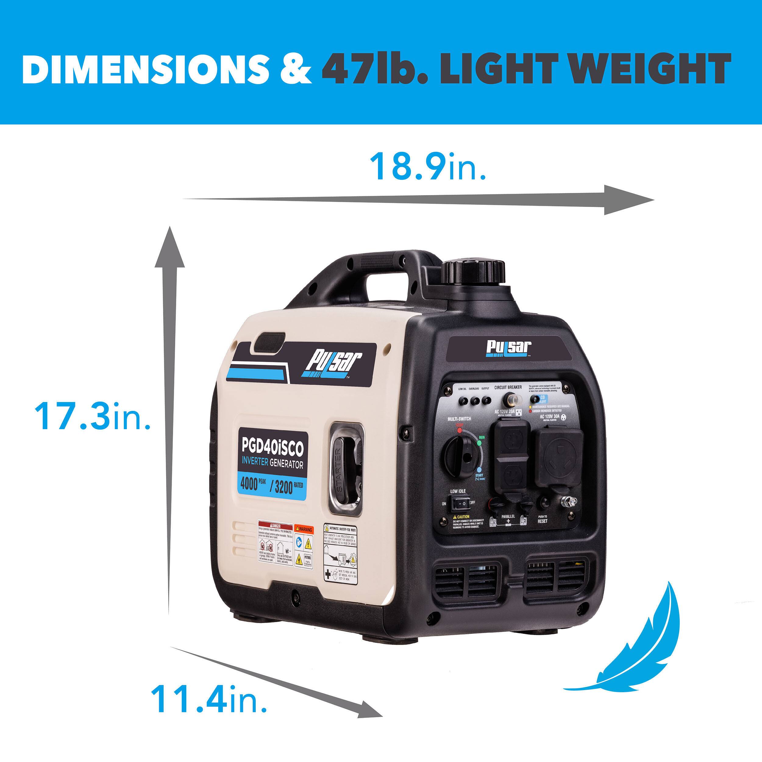 DIMENSIONS & 47lb. LIGHT WEIGHT

18.9in.  
17.3in.  
11.4in.

PGD40iSCO INVERTER GENERATOR  
4000W / 3200W