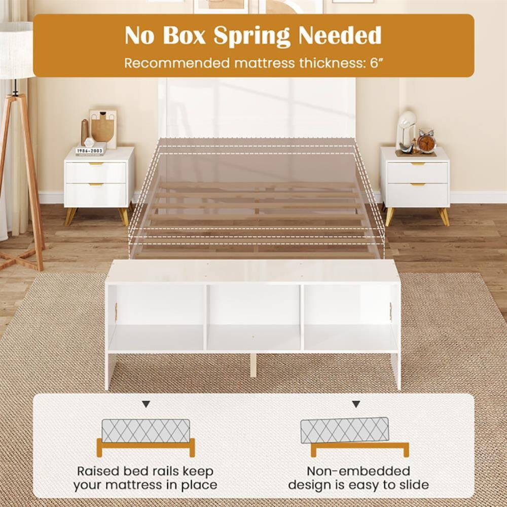 No Box Spring Needed  
Recommended mattress thickness: 6"  

Raised bed rails keep your mattress in place  
Non-embedded design is easy to slide