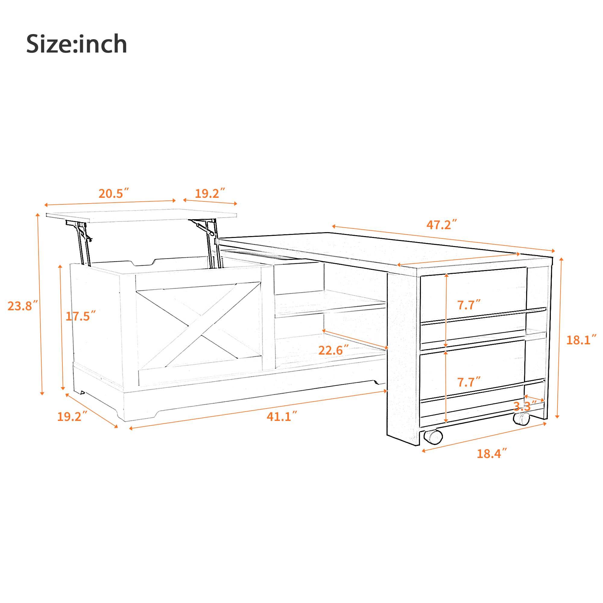 Size: inch  
20.5" 19.2" 47.2" 23.8" 17.5" 7.7" 22.6" 18.1" 7.7" 19.2" 41.1" 3.3" 18.4"