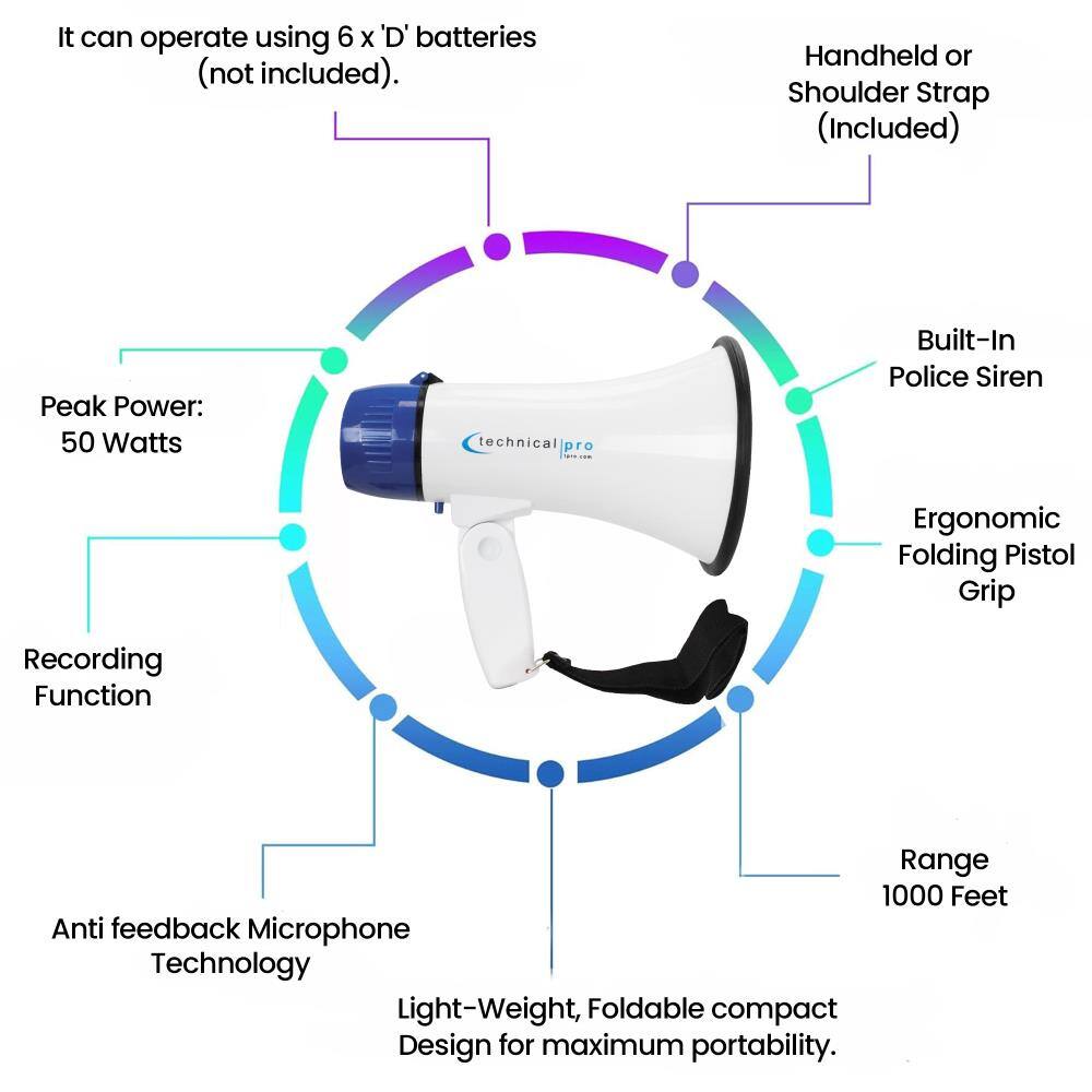 It can operate using 6 x 'D' batteries (not included).

Handheld or Shoulder Strap (Included)

Peak Power: 50 Watts

Built-In Police Siren

Ergonomic Folding Pistol Grip

Recording Function

Anti feedback Microphone Technology

Range 1000 Feet

Light-Weight, Foldable compact Design for maximum portability.