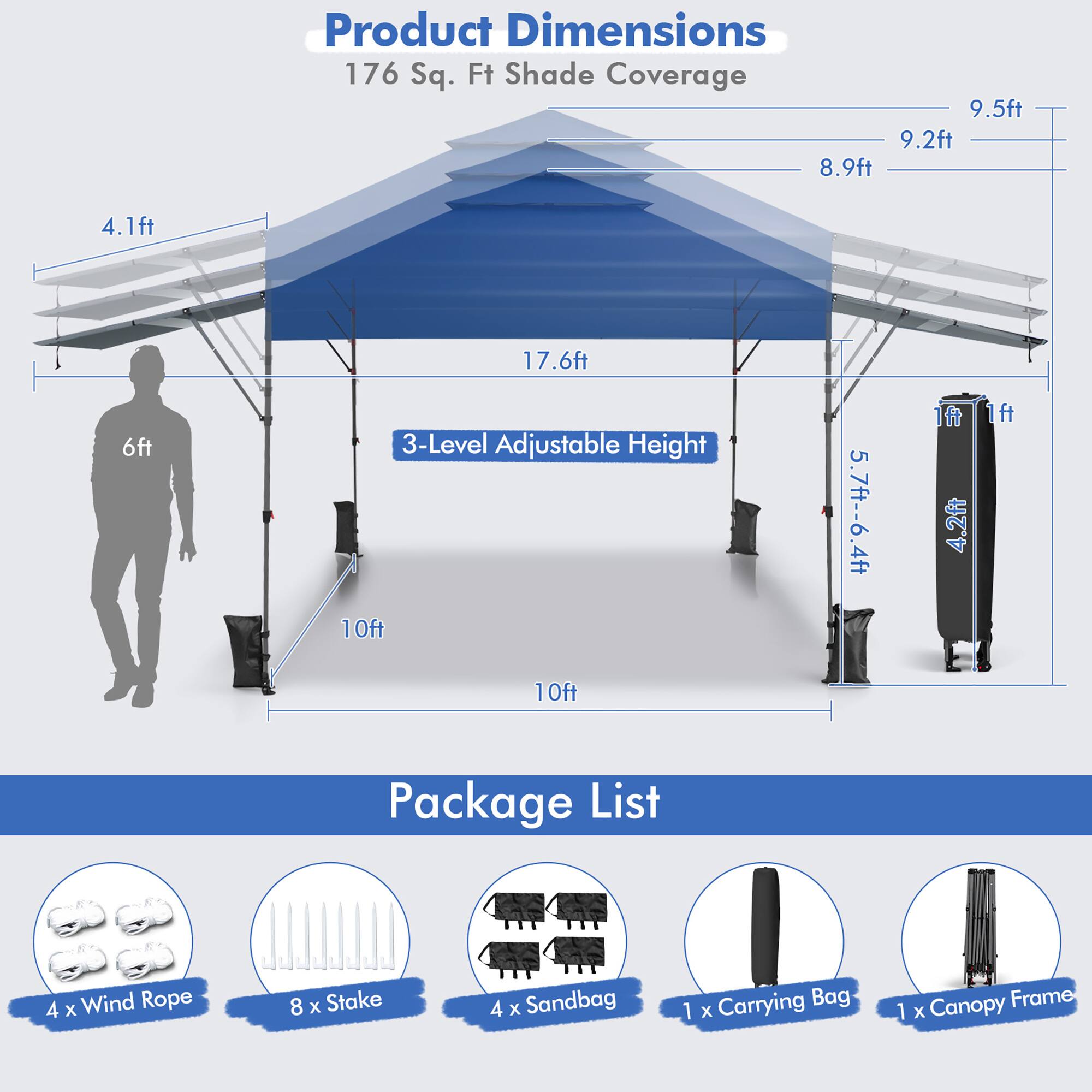 Product Dimensions  
176 Sq. Ft Shade Coverage  
9.5ft 9.2ft 8.9ft 4.1ft 17.6ft 6ft 3-Level Adjustable Height 10ft 5.7ft-6.4ft 4.2ft 1ft 10ft  

Package List  
4 x Wind Rope  
8 x Stake  
4 x Sandbag  
1 x Carrying Bag  
1 x Canopy Frame