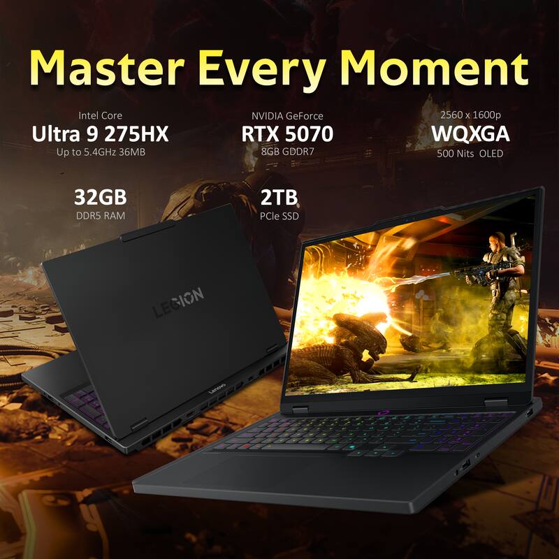 Master Every Moment

Intel Core  
Ultra 9 275HX  
Up to 5.4GHz 36MB

NVIDIA GeForce  
RTX 5070  
8GB GDDR7

32GB  
DDR5 RAM

2TB  
PCIe SSD

2560 x 1600p  
WQXGA  
500 Nits OLED