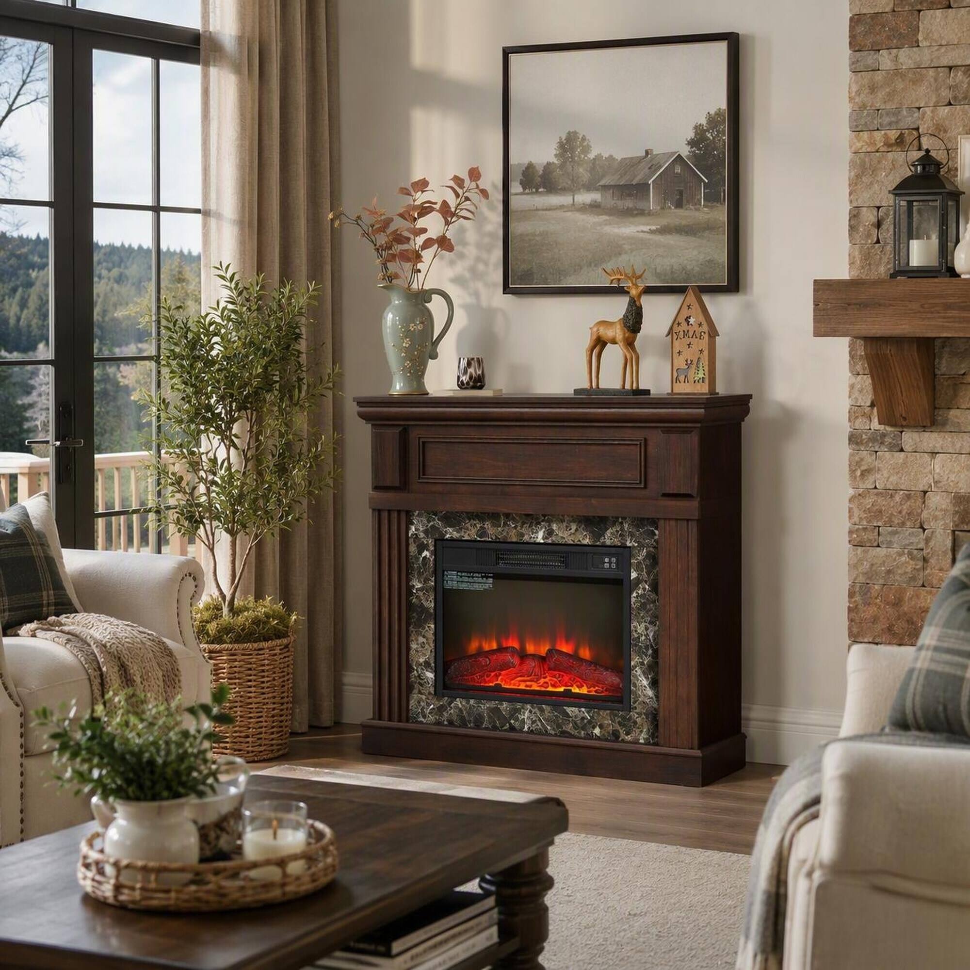 Angle. RYHNUYNE - Cherry Electric Fireplace with Mantel Surround, 23-Inch Insert, 3 Flame Settings, Remote Control - Cherry.