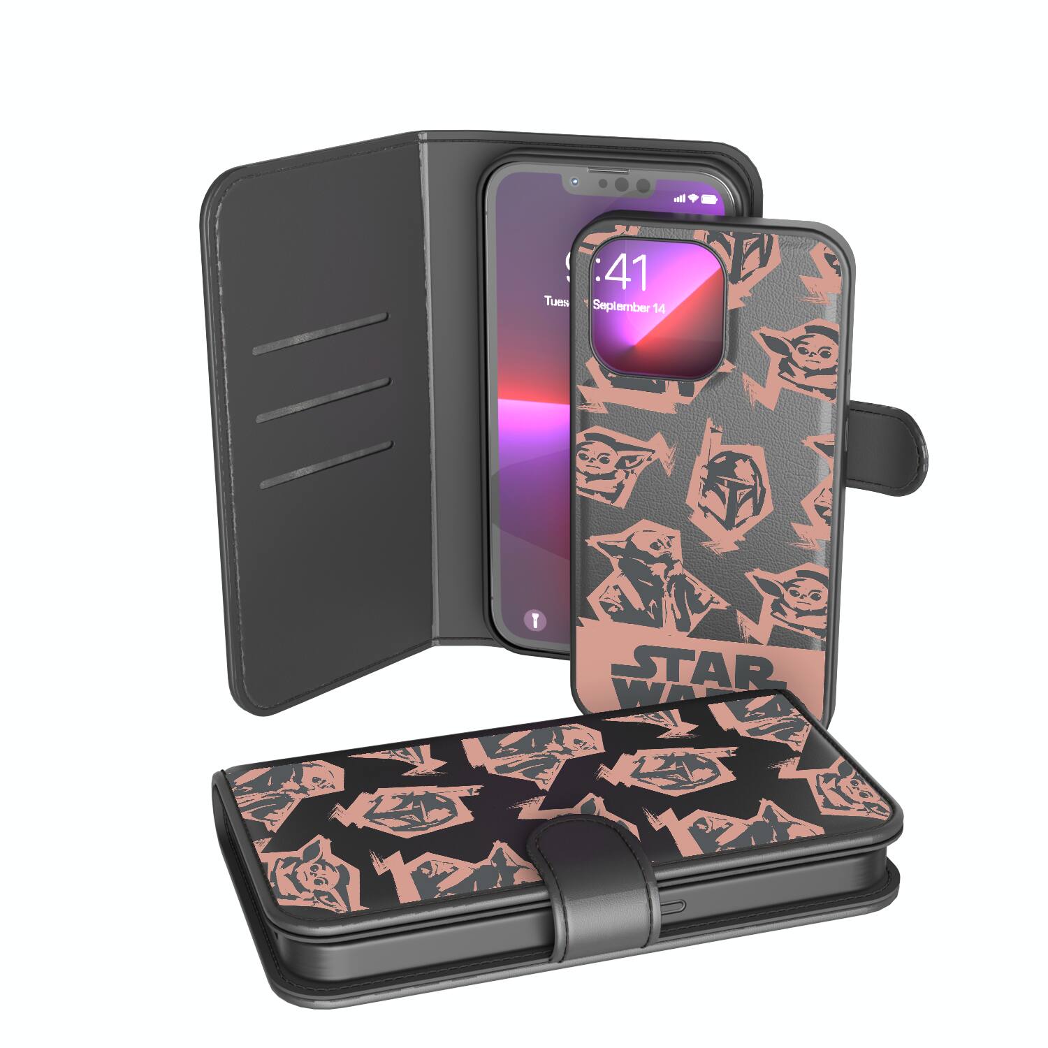 Keyscaper - Star Wars: The Mandalorian Pattern Wallet Phone Case - Apple iPhone 15 Pro - Grogu