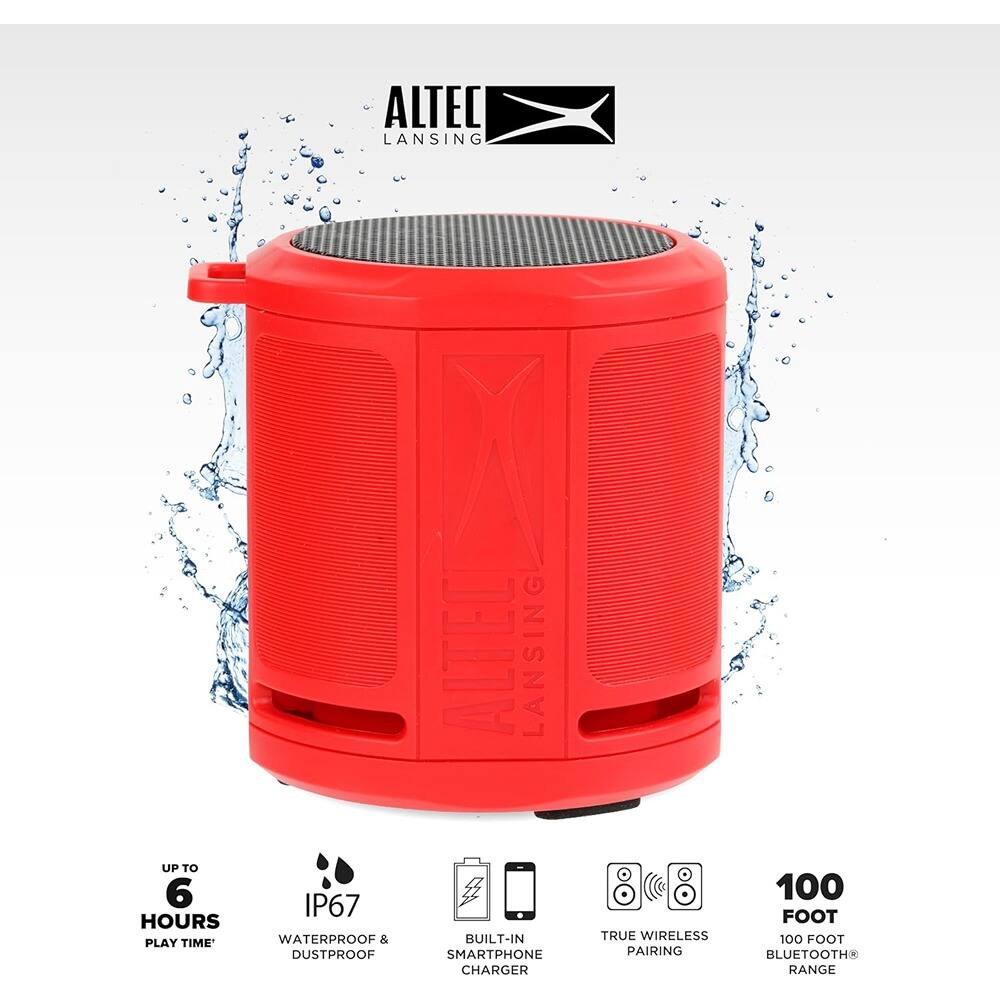 ALTEC LANSING  
- UP TO 6 HOURS PLAY TIME  
- IP67 WATERPROOF & DUSTPROOF  
- BUILT-IN SMARTPHONE CHARGER  
- TRUE WIRELESS PAIRING  
- 100 FOOT BLUETOOTH RANGE
