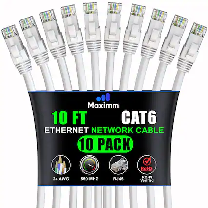 Maximm 10 FT CAT6 ETHERNET NETWORK CABLE 10 PACK RoHS COMPLIANT 24 AWG 550 MHZ RJ45 ROHS Verified