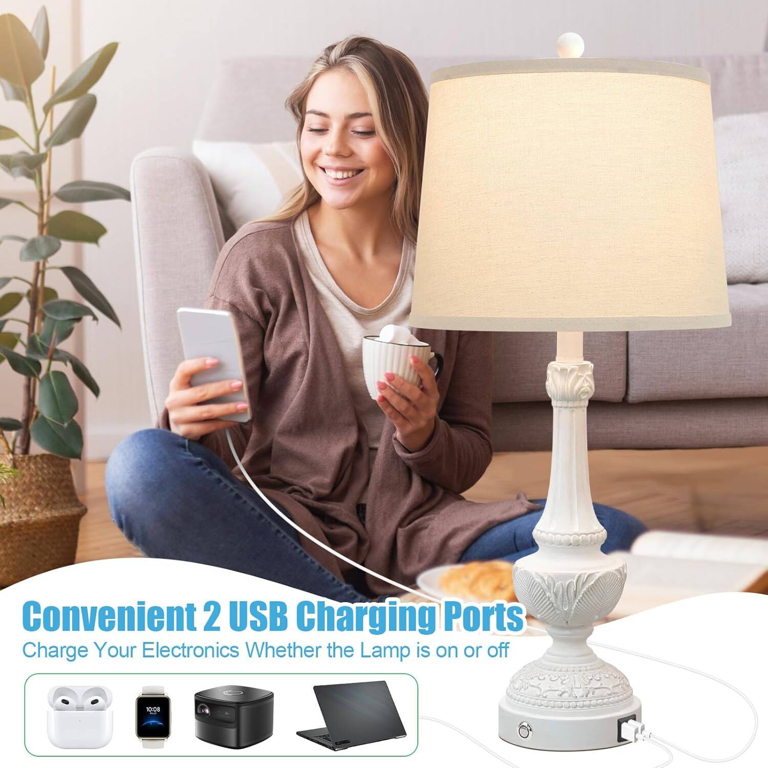 Convenient 2 USB Charging Ports  
Charge Your Electronics Whether the Lamp is on or off