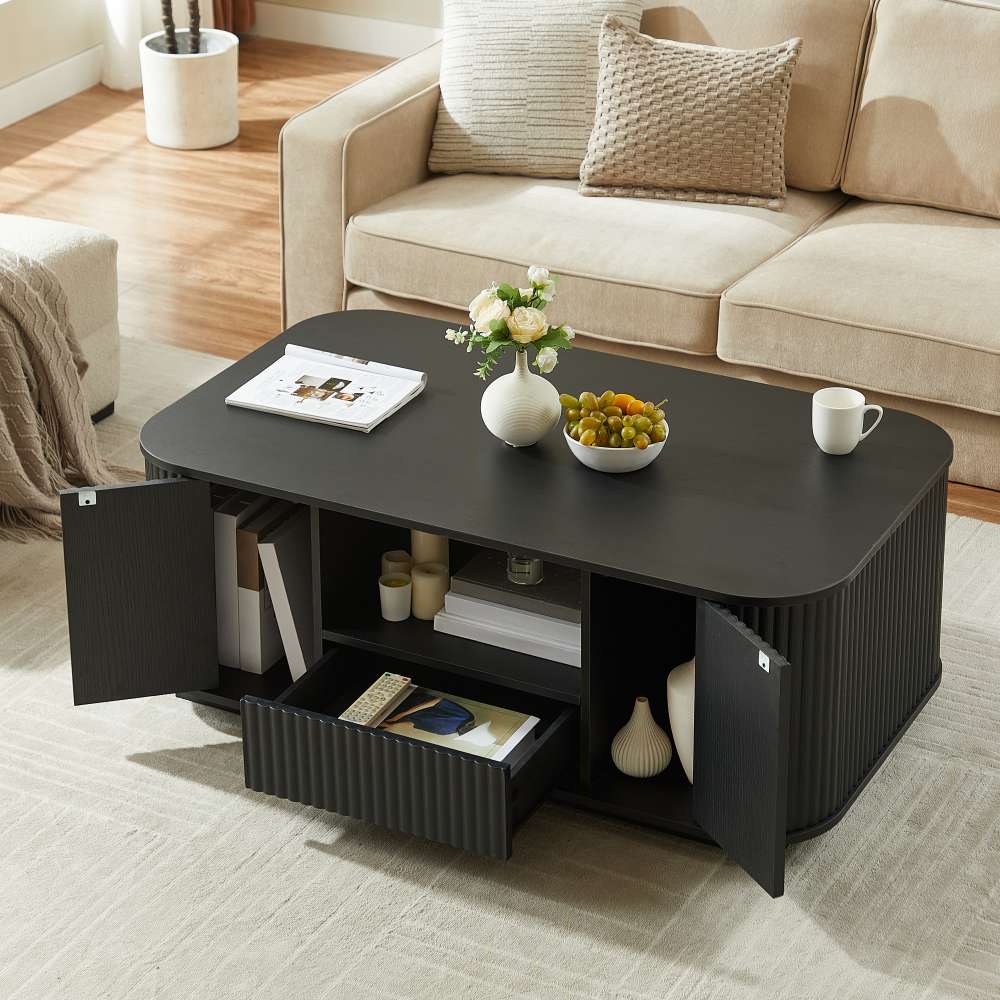 Alt View 2. Lirago - 47" Modern Oval Coffee Table Black with Drawers Storage Open shelving Compartments Curved Contour Design - Black.