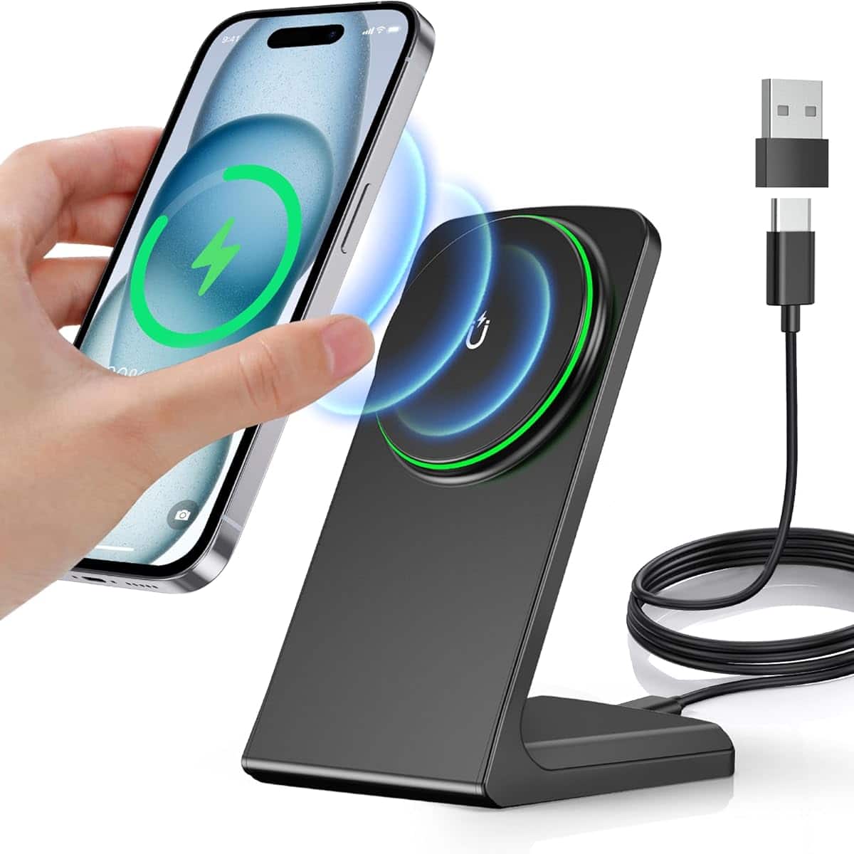 Gravity Ridge - Magnetic Wireless Charger 15W Fast Mag-Safe Charger Stand for iPhone 16/15/14/13/12 Series & AirPods 3/2/Pro - Black