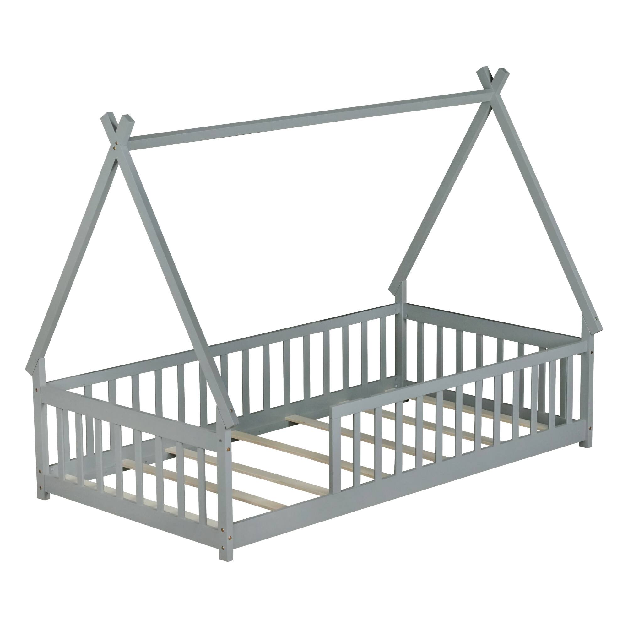Alt View 9. GOODSILO - Twin-Size Tent-Shaped Low Profile Floor Bed with Safety Guardrails and Slatted Base - Grey.