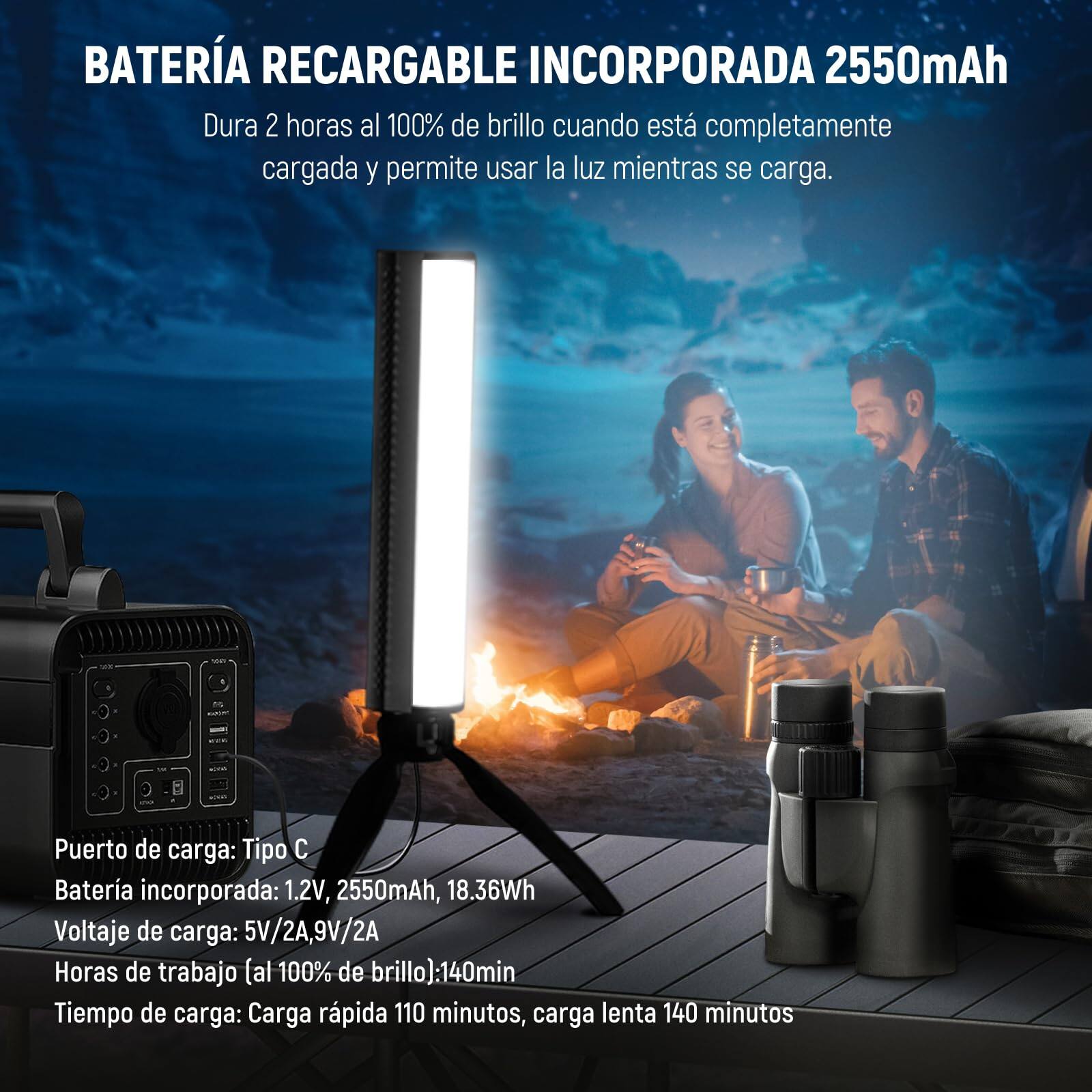 BATERÍA RECARGABLE INCORPORADA 2550mAh

Dura 2 horas al 100% de brillo cuando está completamente cargada y permite usar la luz mientras se carga.

Puerto de carga: Tipo C

Batería incorporada: 1.2V, 2550mAh, 18.36Wh

Voltaje de carga: 5V/2A, 9V/2A

Horas de trabajo (al 100% de brillo): 140min

Tiempo de carga: Carga rápida 110 minutos, carga lenta 140 minutos