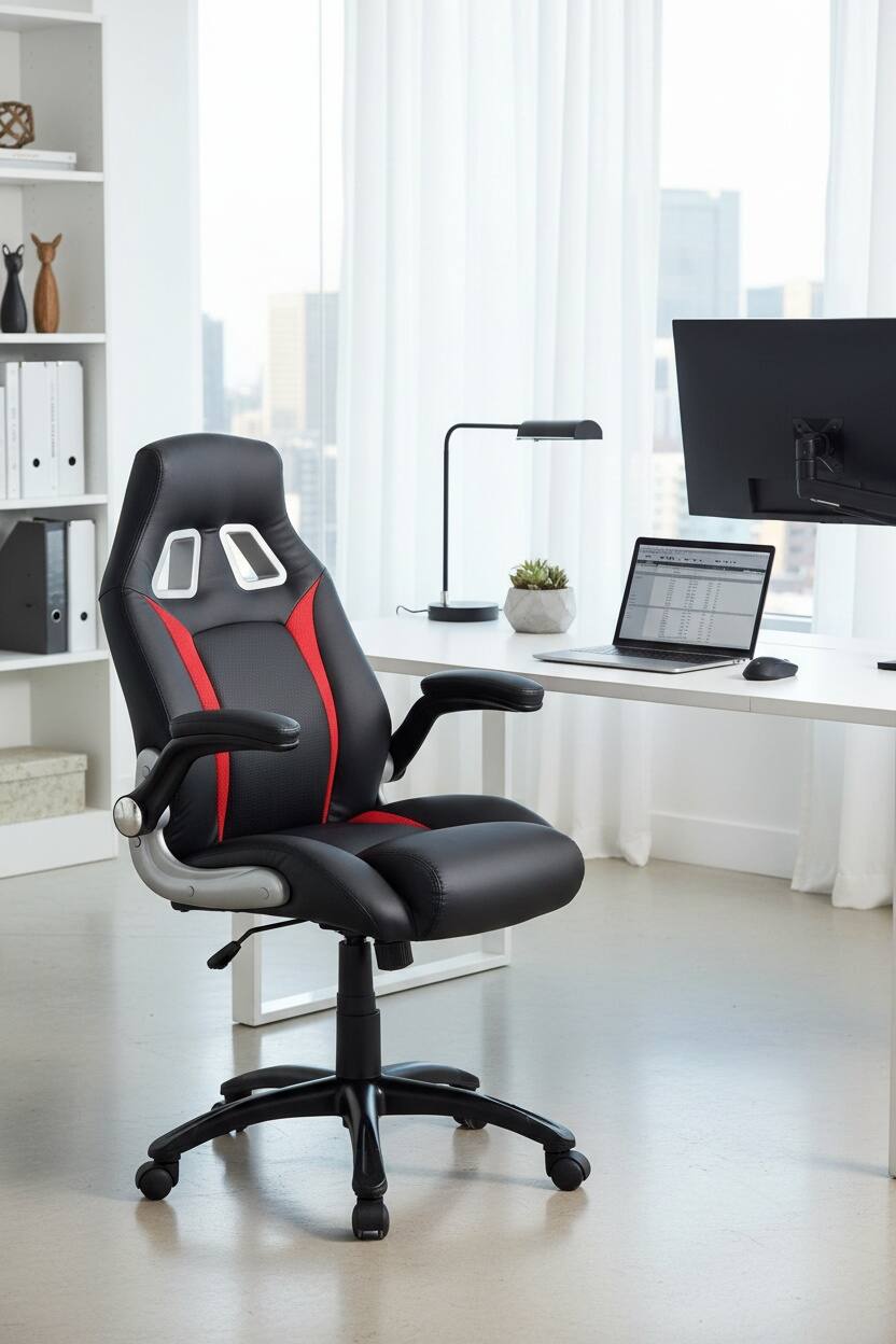 Alt View 1. Forest'nSky - Black Red Stylish Office Chair, Upholstered Comfort Adjustable Gaming Chair with Padded Armrests - Black.