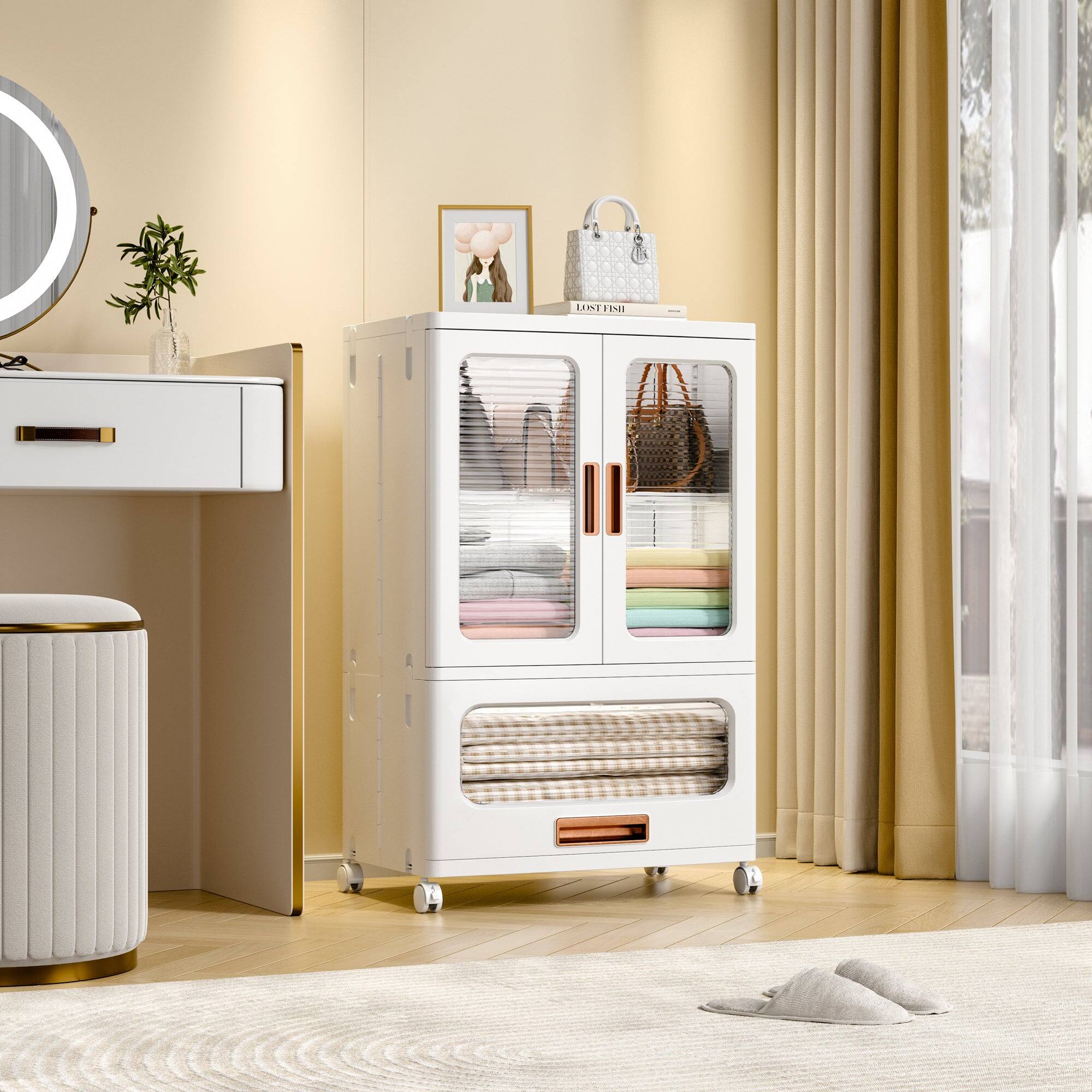 Front. Vecelo - Storage Cabinet With Wheels, Magnetic 2 Doors, Adjustable Shelf, Tool-Free Assembly Organizer - White.