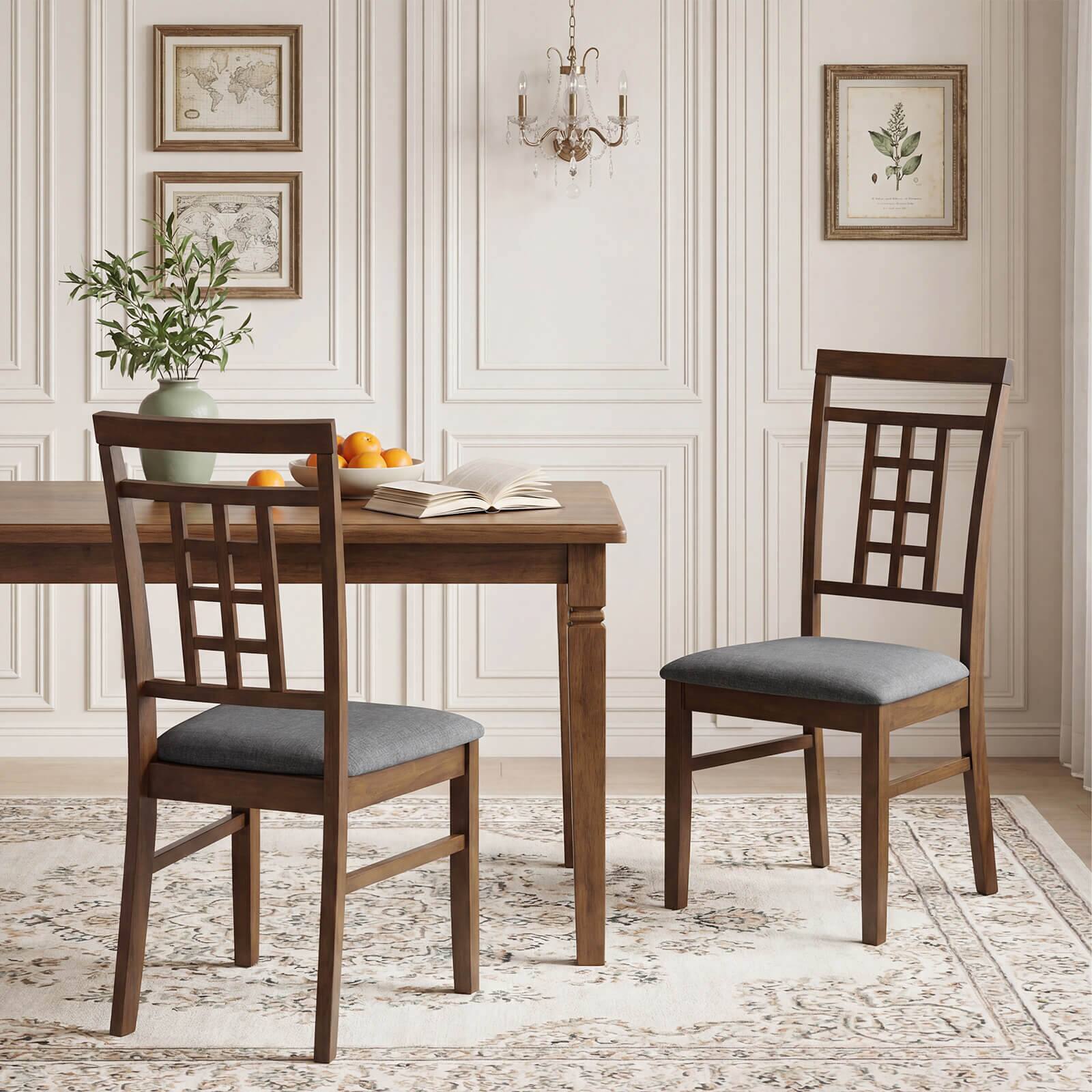 Alt View 1. Costway - Costway Rubber Wood Dining Chairs Set of 2 Farmhouse Kitchen Chairs with Lattice Back - Brown & Gray.
