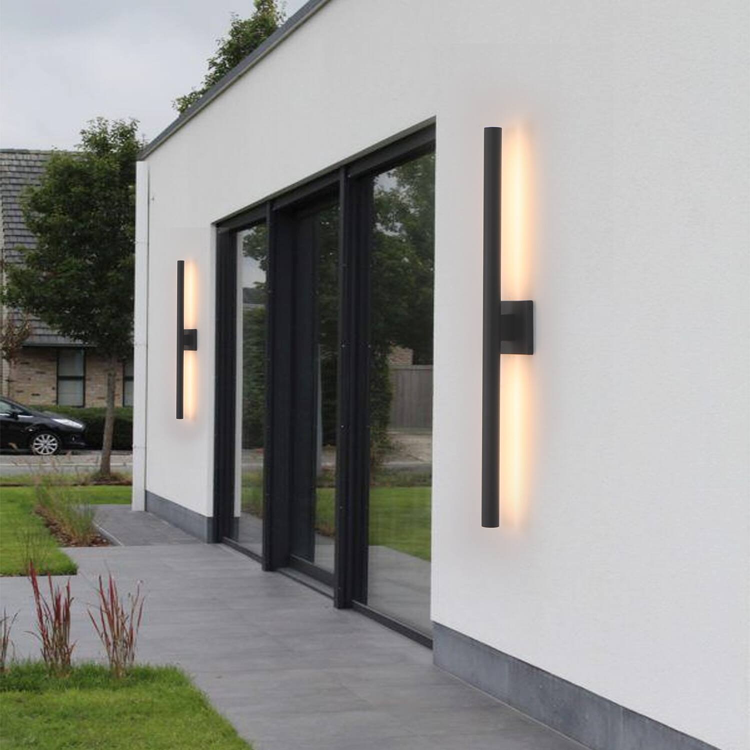 Back. Umeiluce - 35 inch Modern Aluminum LED outdoor Wall Light Waterproof Triac Dimming Cylinder Wall Sconces - Matte Black.