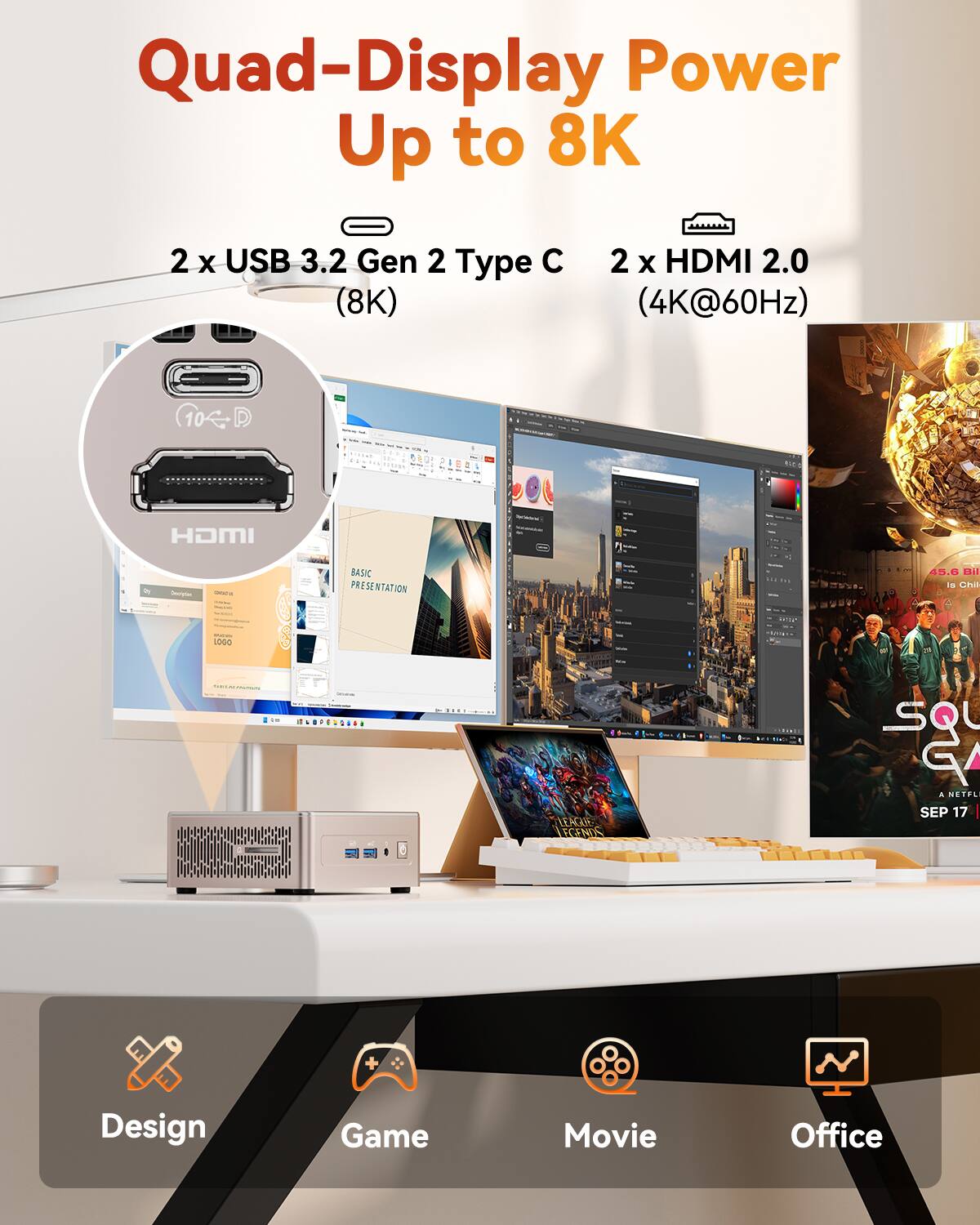 Quad-Display Power Up to 8K  
2 x USB 3.2 Gen 2 Type C (8K)  
2 x HDMI 2.0 (4K@60Hz)  

Design Game Movie Office