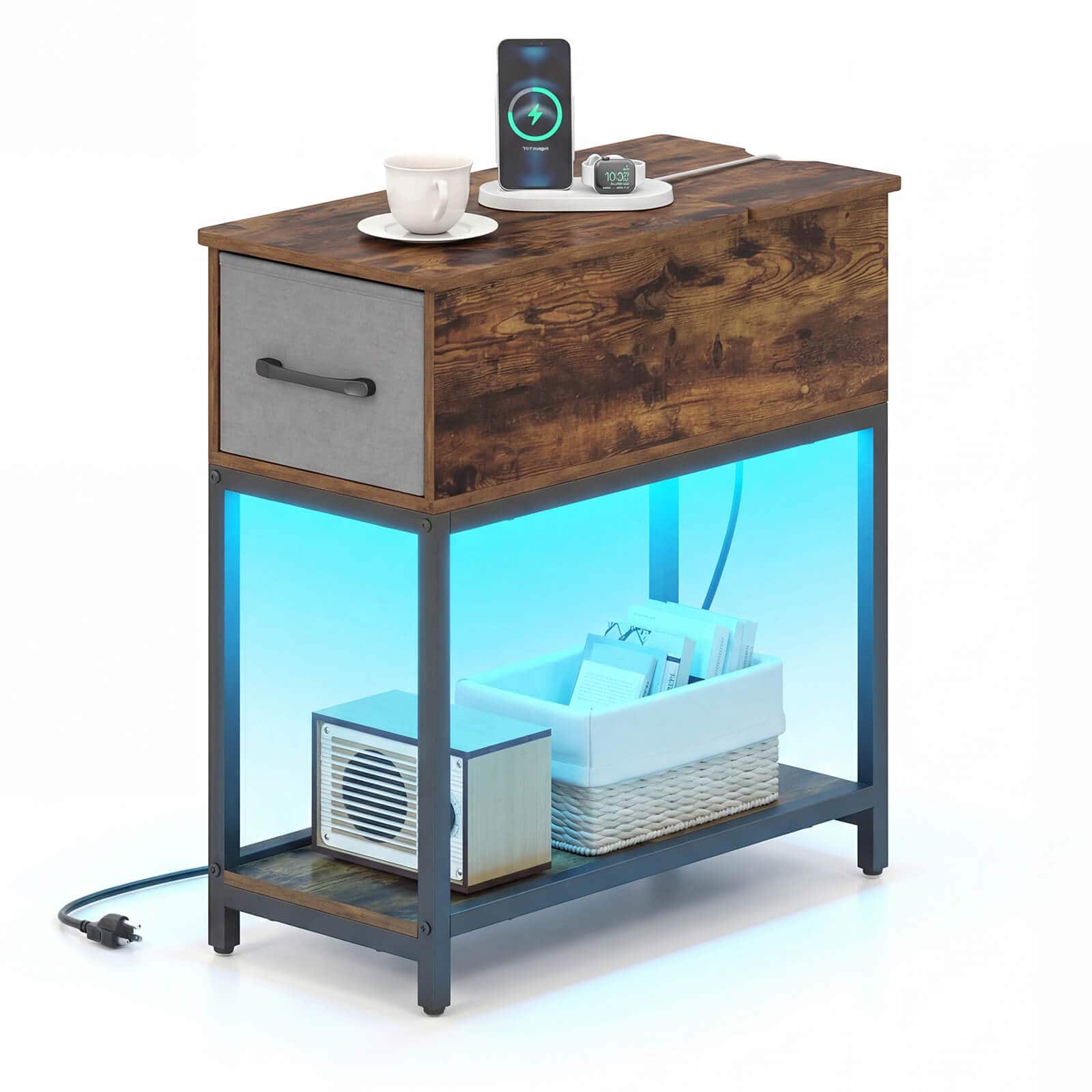Costway - 1 PCS Narrow Side Table with Charging Station & LED Lights, Fabric Drawer for Bedroom - Rustic Brown + Gray