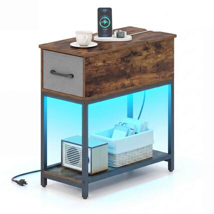Front. Costway - Costway 1 PCS Narrow Side Table with Charging Station & LED Lights, Fabric Drawer for Bedroom - Rustic Brown + Gray.