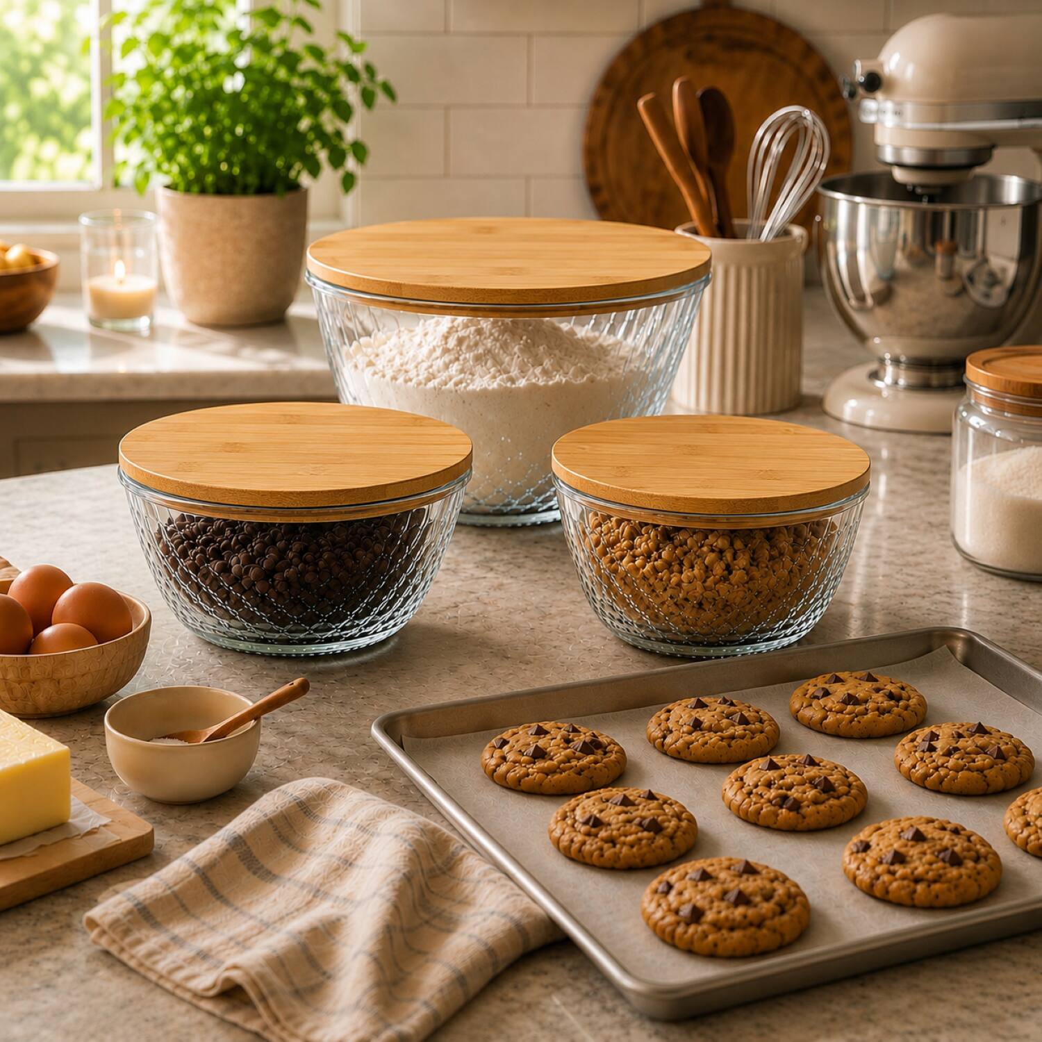 Alt View 6. Sorbus - Sorbus 4-Piece Glass Diamond Textured Bowl Set with Bamboo Lids, Mixing & Storage Microwave, Dishwasher & Freezer Safe.