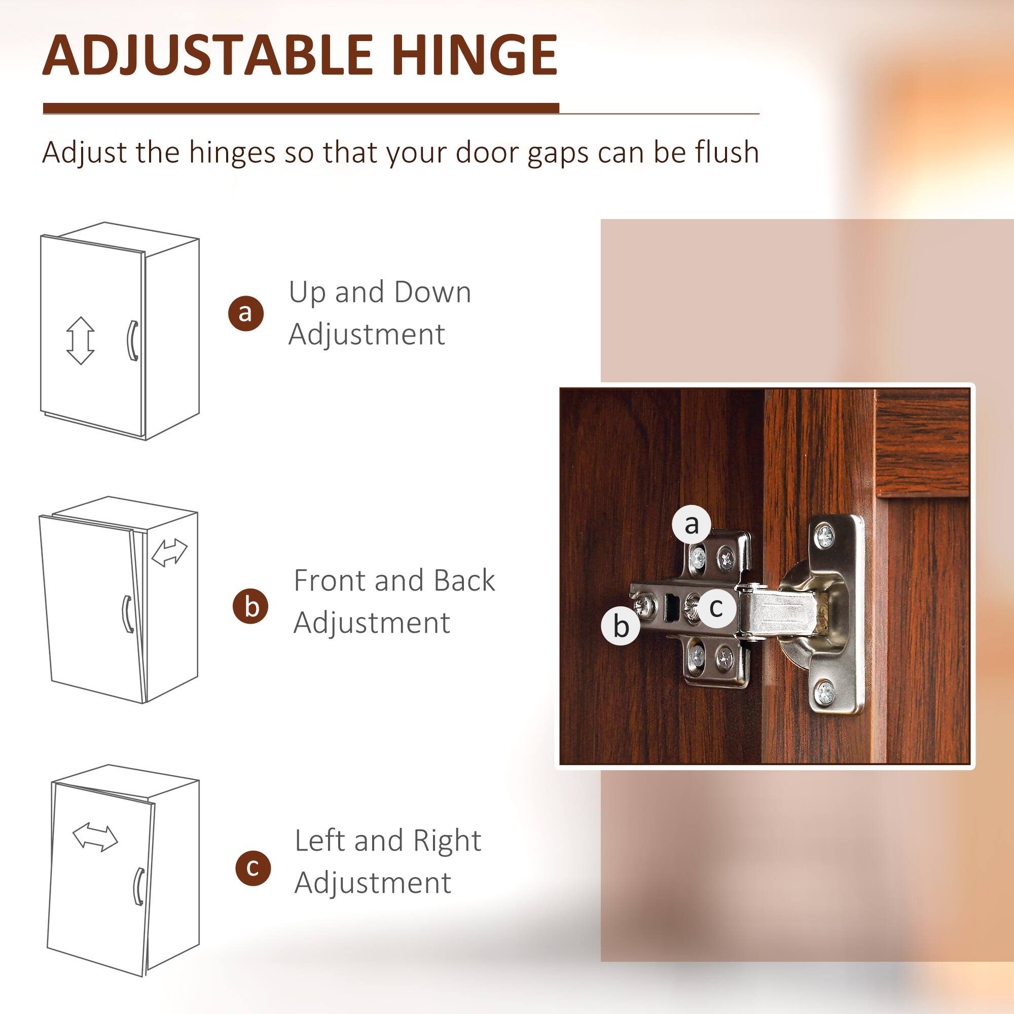 ADJUSTABLE HINGE

Adjust the hinges so that your door gaps can be flush

Up and Down a Adjustment

Front and Back b Adjustment

Left and Right c Adjustment