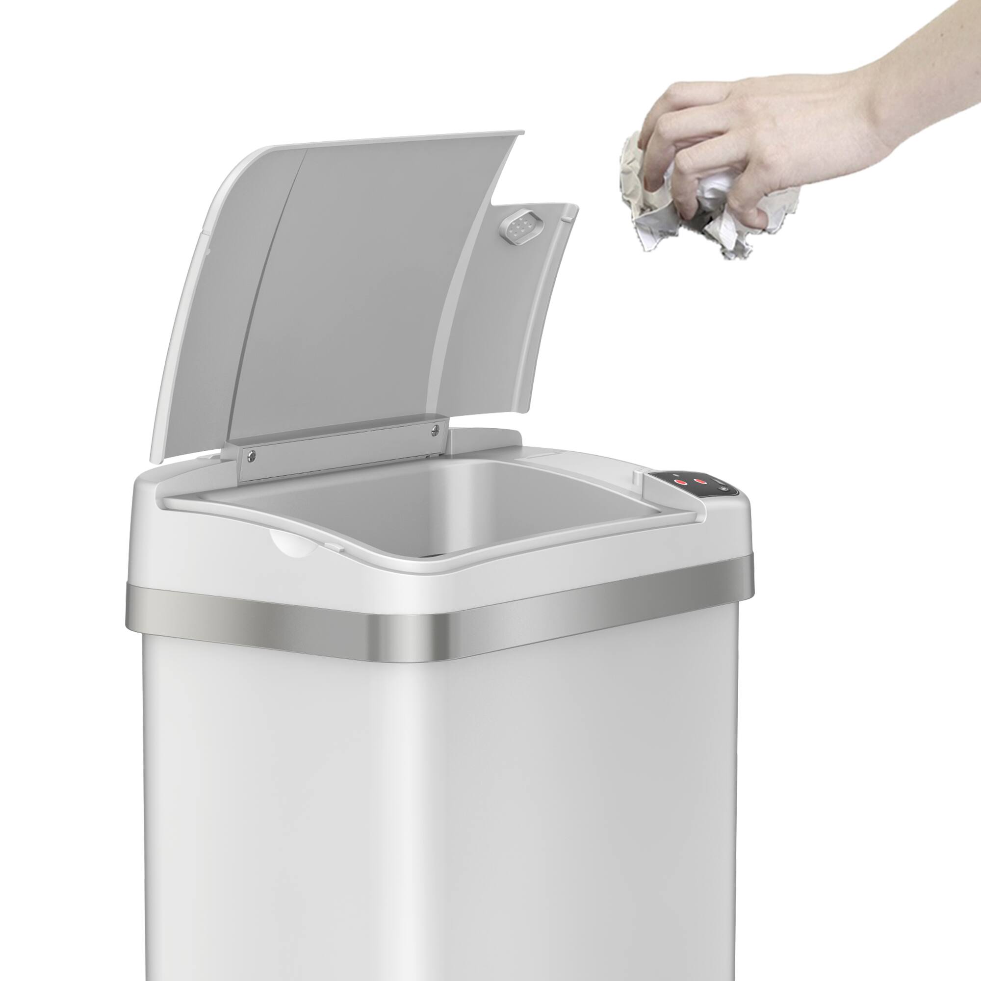 Left. iTouchless - 4 Gallon Touchless Sensor Trash Can with AbsorbX Odor Control and Fragrance, White Stainless Steel Bathroom Garbage Bin - Pearl White.