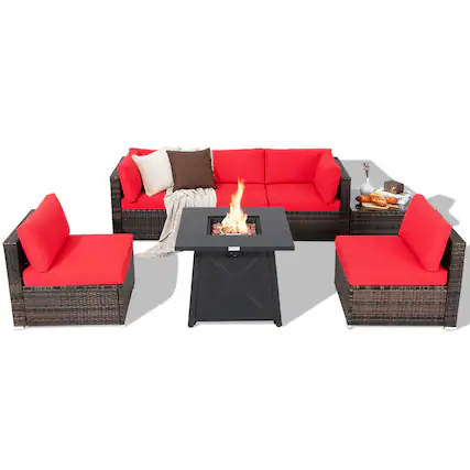 Front. Costway - Costway 7PCS Patio Rattan Furniture Set Fire Pit Table Cover Cushion - Red.