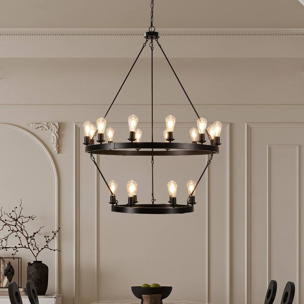 Left. Loheer - Loheer Large Black Wagon Wheel Chandelier, Two Tier Iron Frame, Eighteen Light Dining Room Fixture.