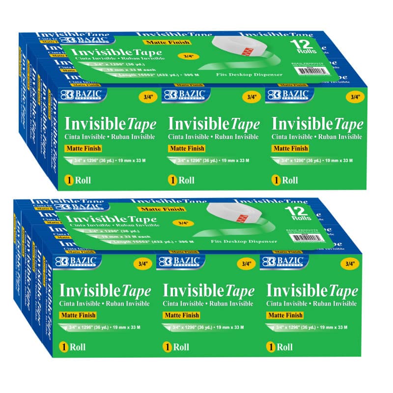 BAZIC Products - Tape Refill, Invisible Tape, 12 Rolls Per Pack, 2 Packs