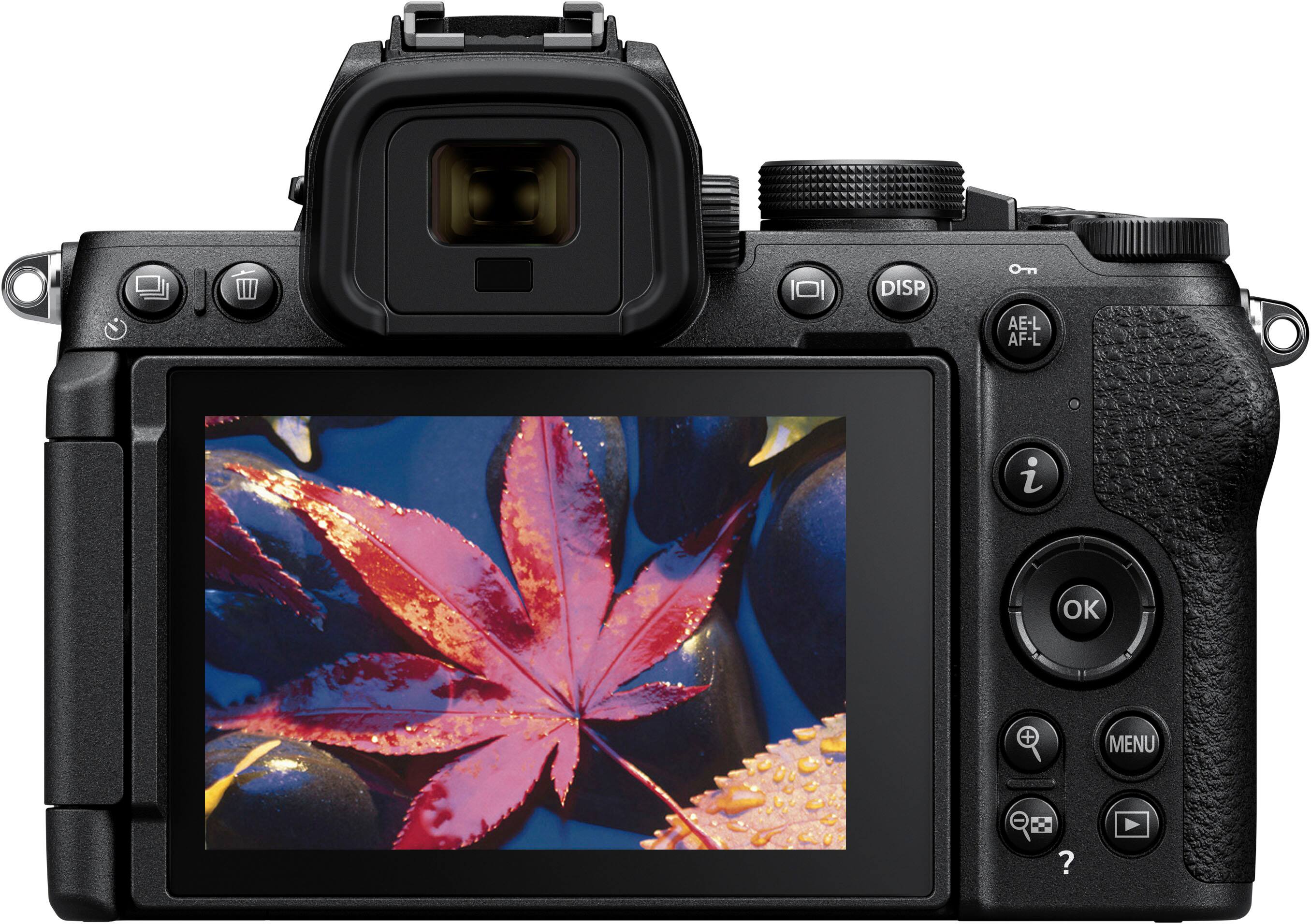 The text on the image reads "O DISP AE-L AF-L Z OK + MENU & ?". This text is likely related to the camera's settings or menu options. The camera is displaying a picture of a leaf on the screen, which might be an indication of the camera's focus on nature or outdoor photography.