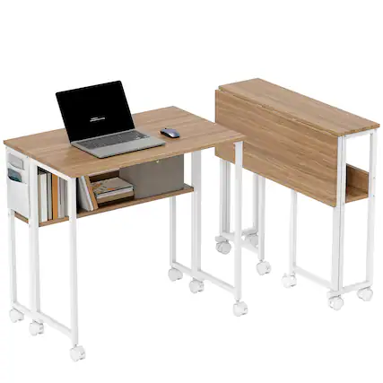 Front. Homcom - Computer Desk, Foldable Desk with Storage Bag, Shelf and Wheels for Small Spaces, Home Office - Natural Wood.