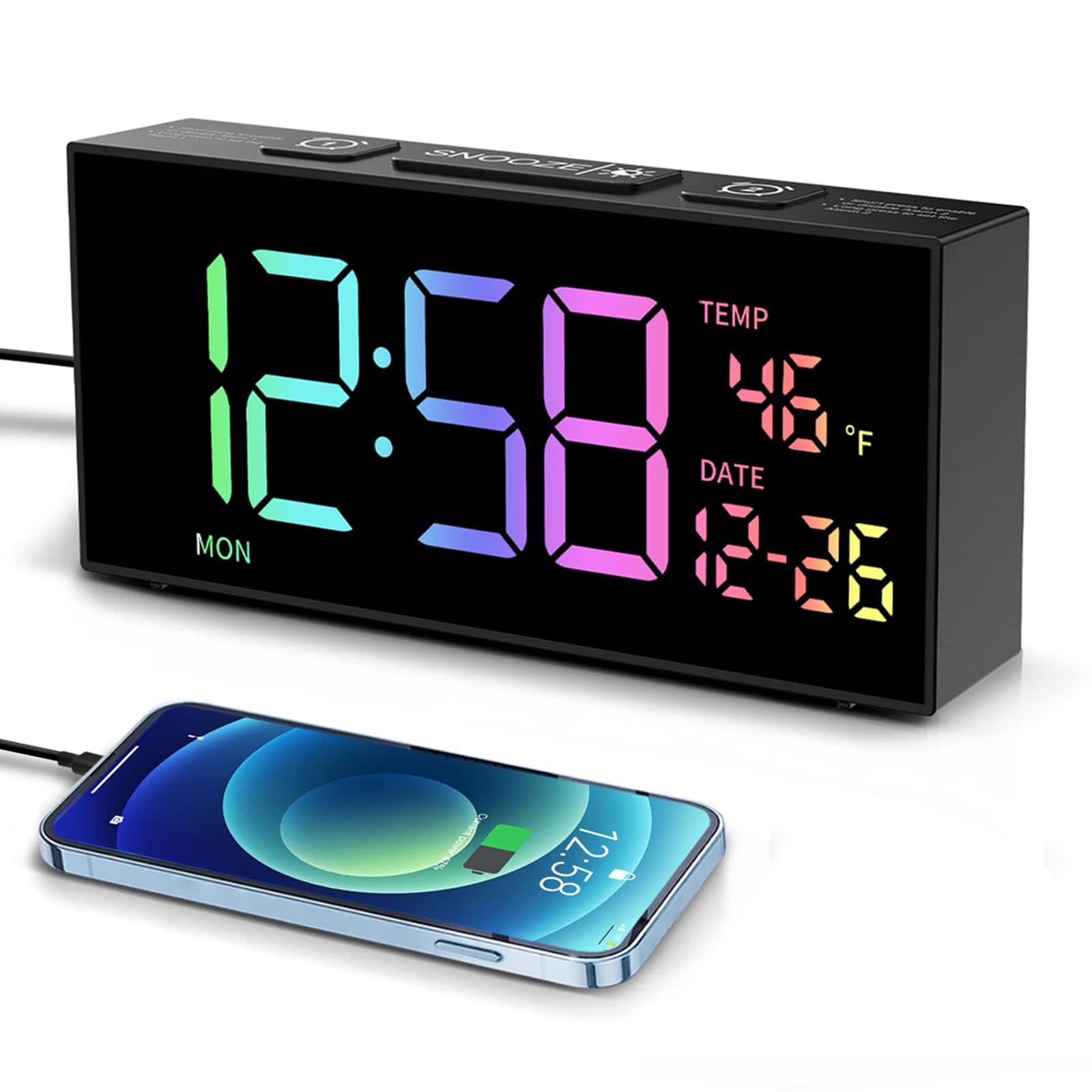 Dazzed Corner - Alarm Clocks, Digital Clock with Date Temperature and Weekday - Black