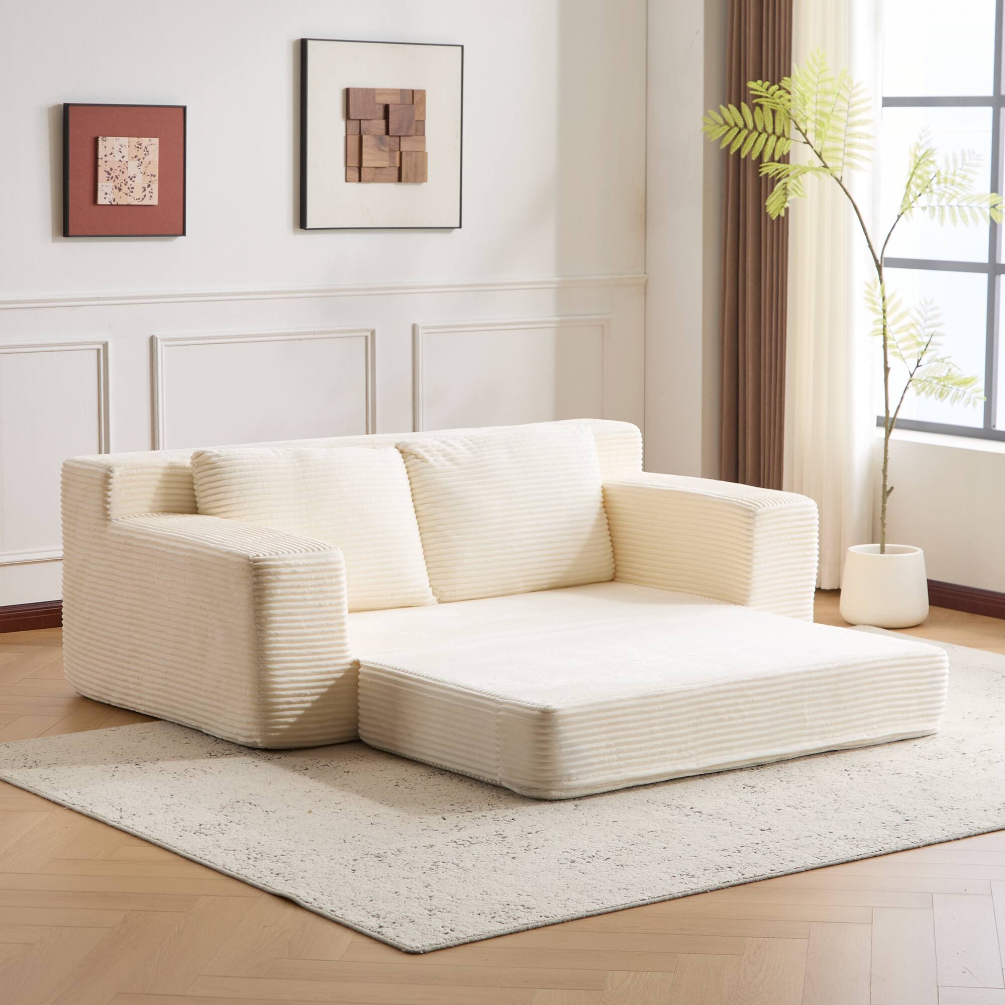 Left. Anysun - Loveseat Sofa Bed - Deep-Seat Corduroy Couch with Reversible Cushion & Pillows, No Assembly - White.