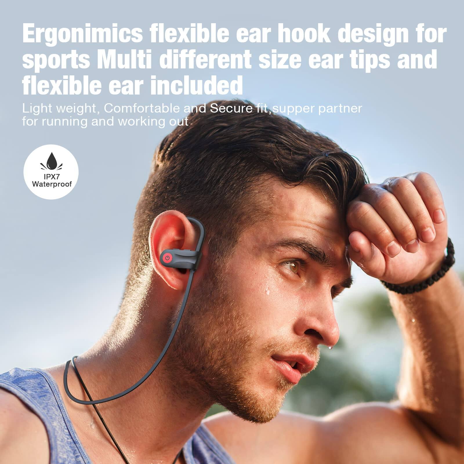 Ergonomics flexible ear hook design for sports. Multi different size ear tips and flexible ear included. Light weight, Comfortable and Secure fit, supper partner for running and working out. IPX7 Waterproof