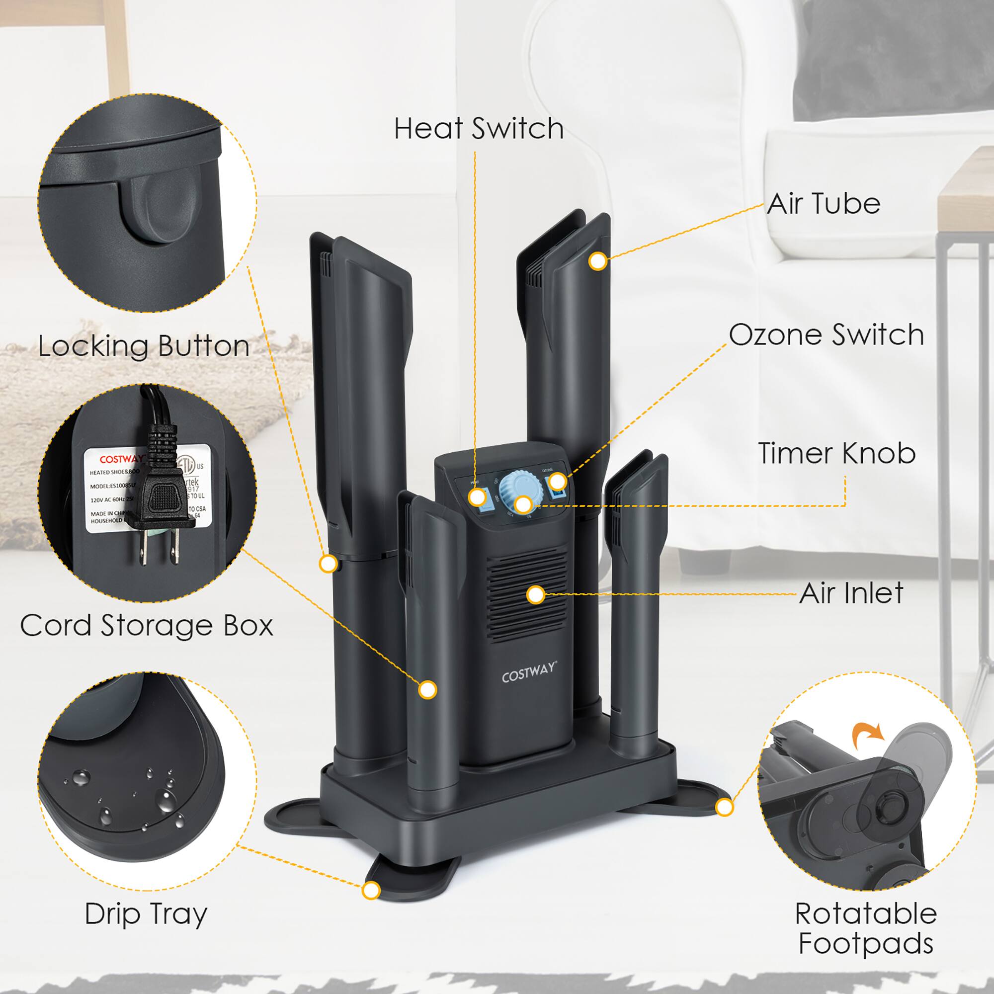The image shows a device with various parts labeled, including a heat switch, air tube, locking button, ozone switch, timer knob, cord storage box, air inlet, drip tray, and rotatable footpads. The device is designed to provide a comfortable and efficient experience for users.